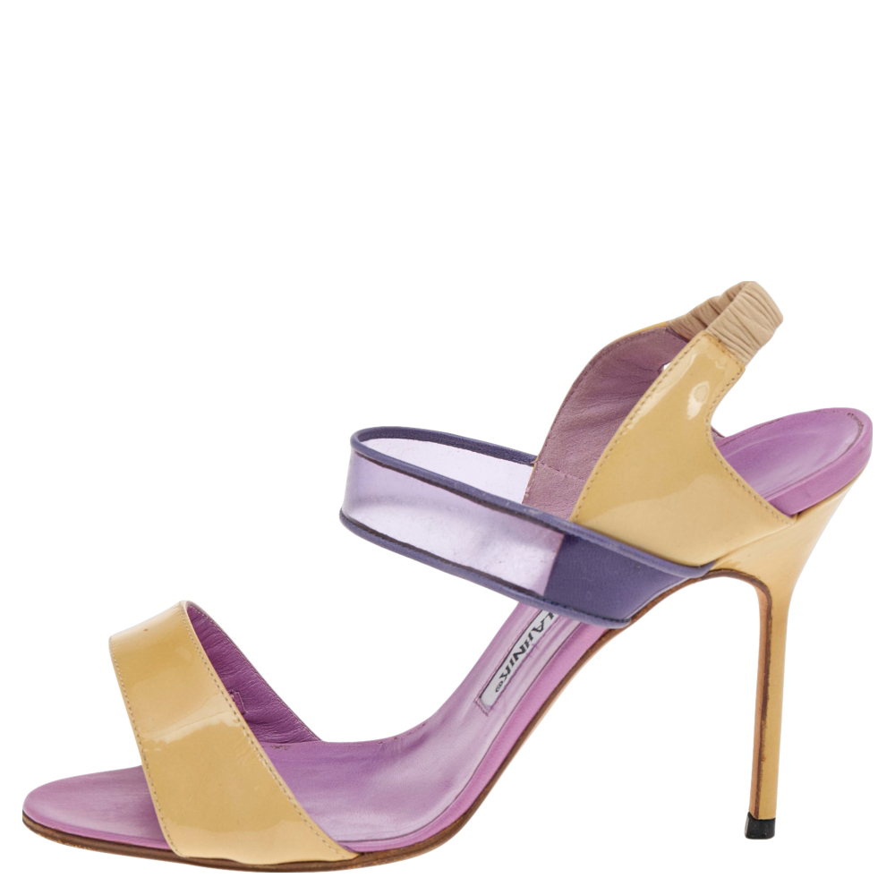 

Manolo Blahnik Purple/Beige Patent Leather And PVC Slingback Sandals Size