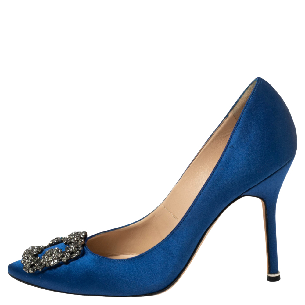 

Manolo Blahnik Blue Satin Hangisi Crystal Embellished Pumps Size