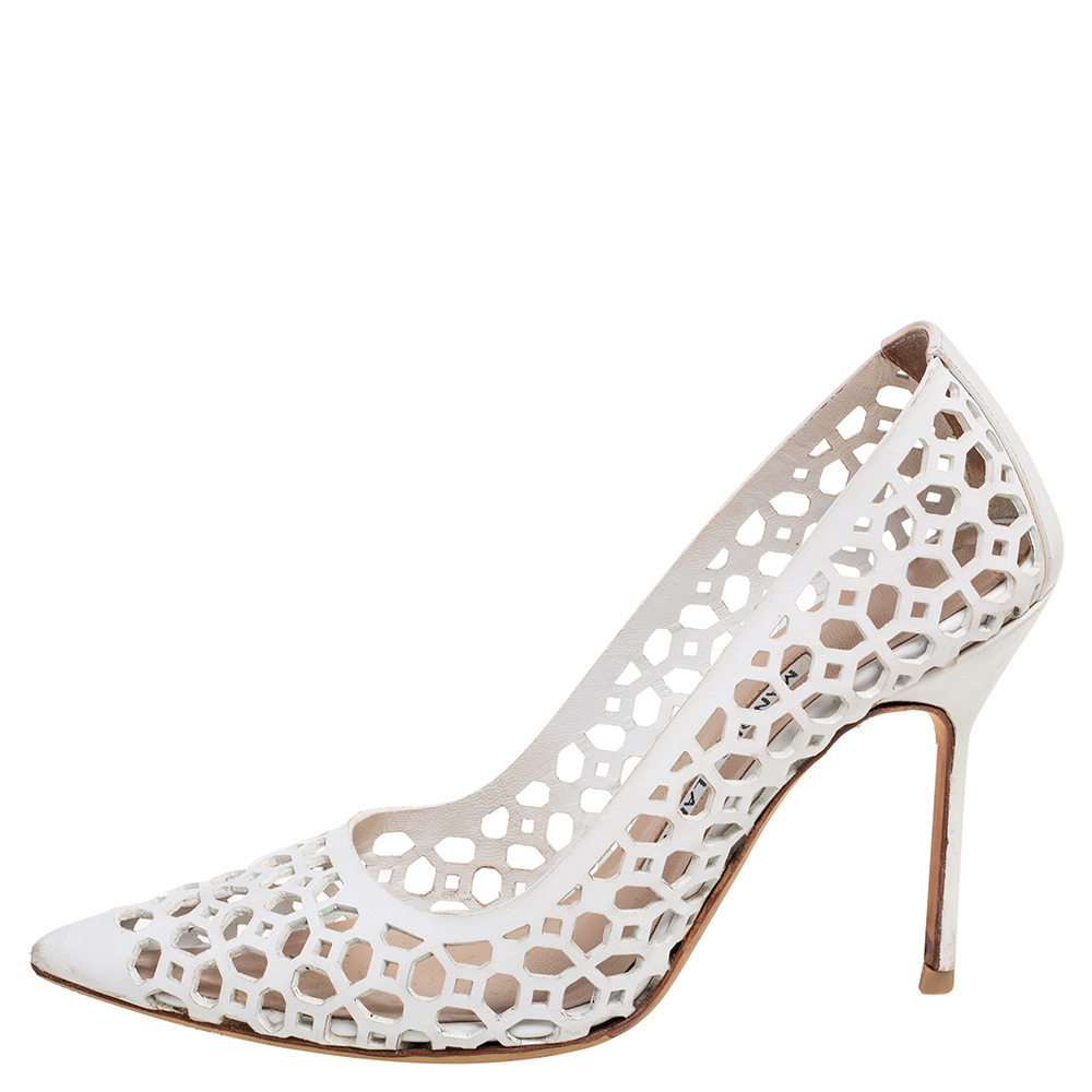 

Manolo Blahnik White Laser Cut Leather BB Laserato Pumps Size