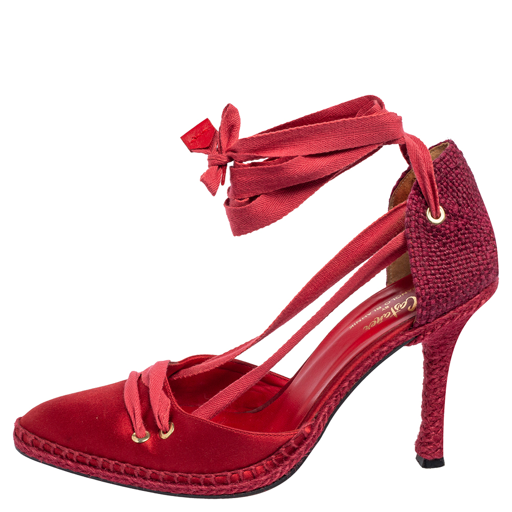 

Castañer By Manolo Blahnik Red Satin and Woven Fabric Espadrille Pointed-Toe Ankle-Tie Pumps Size