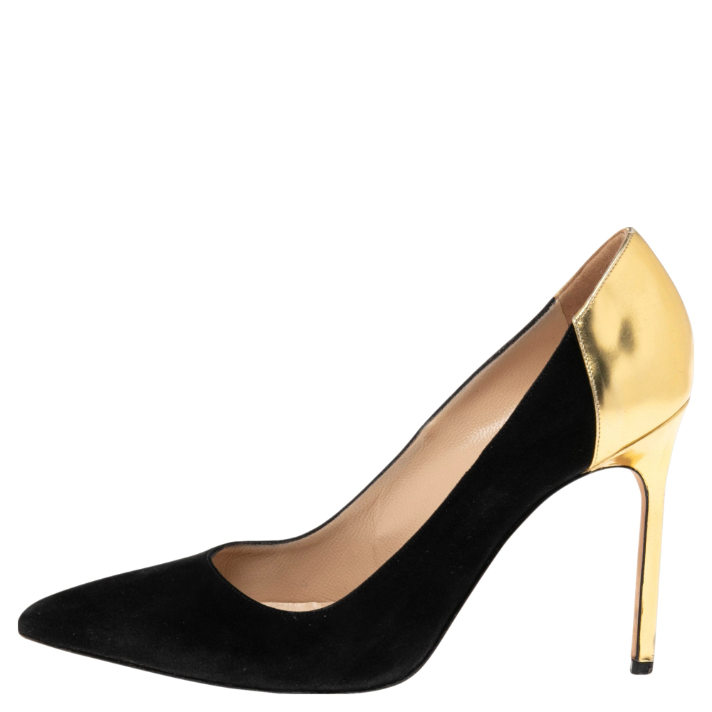 

Manolo Blahnik Black/Gold Suede and Gold BB Pointed-Toe Pumps Size