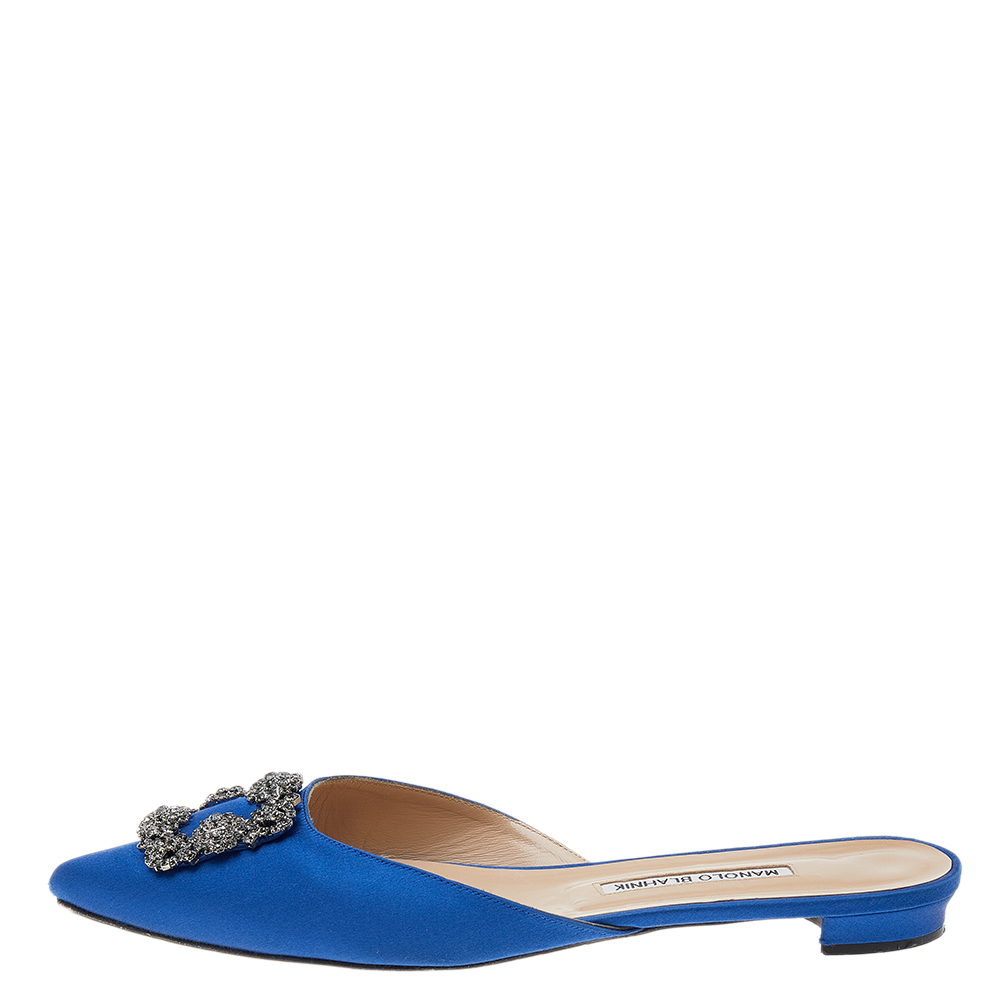 

Manolo Blahnik Blue Satin Hangisi Mules Sandals Size