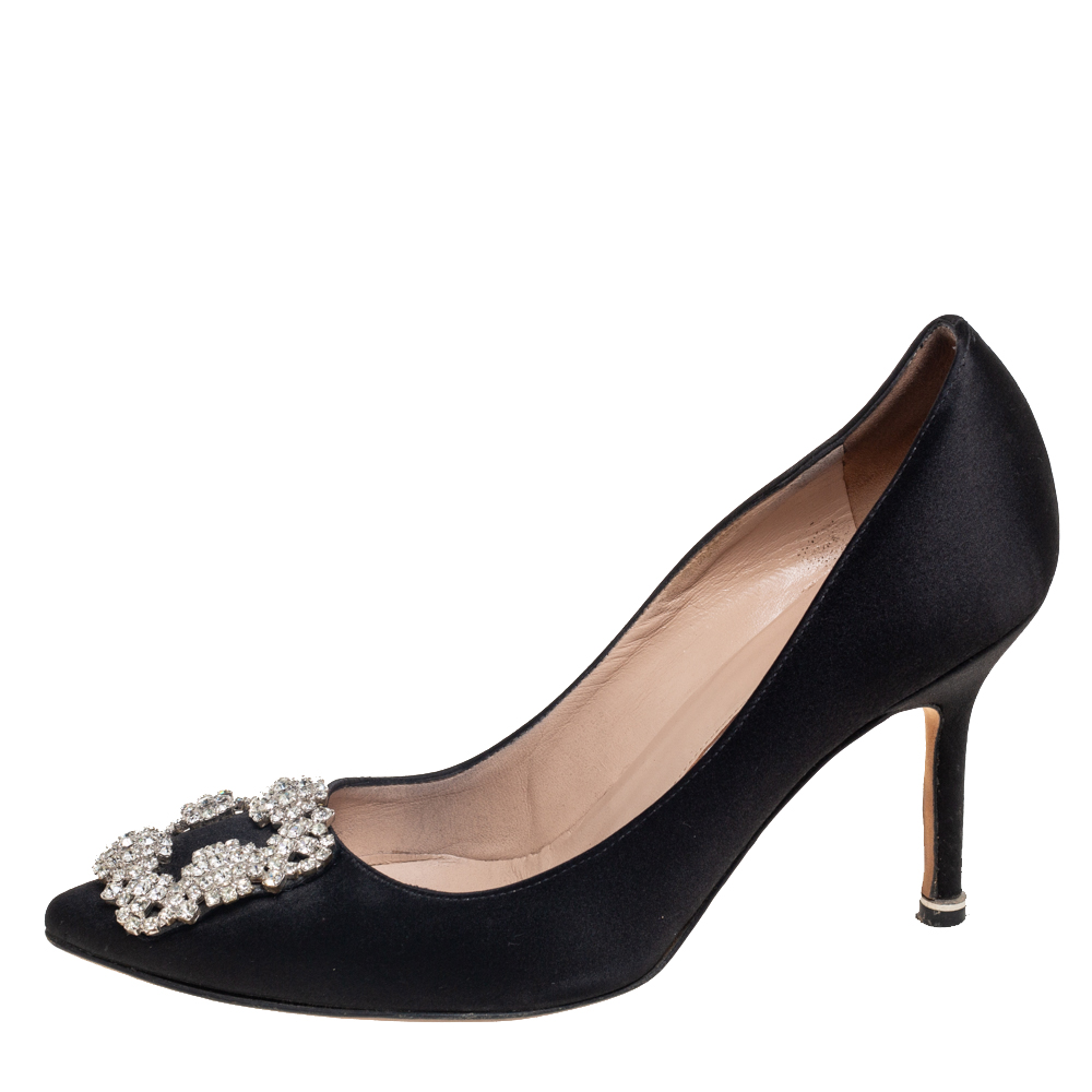 

Manolo Blahnik Black Satin Hangisi Crystal Embellishments Pumps Size