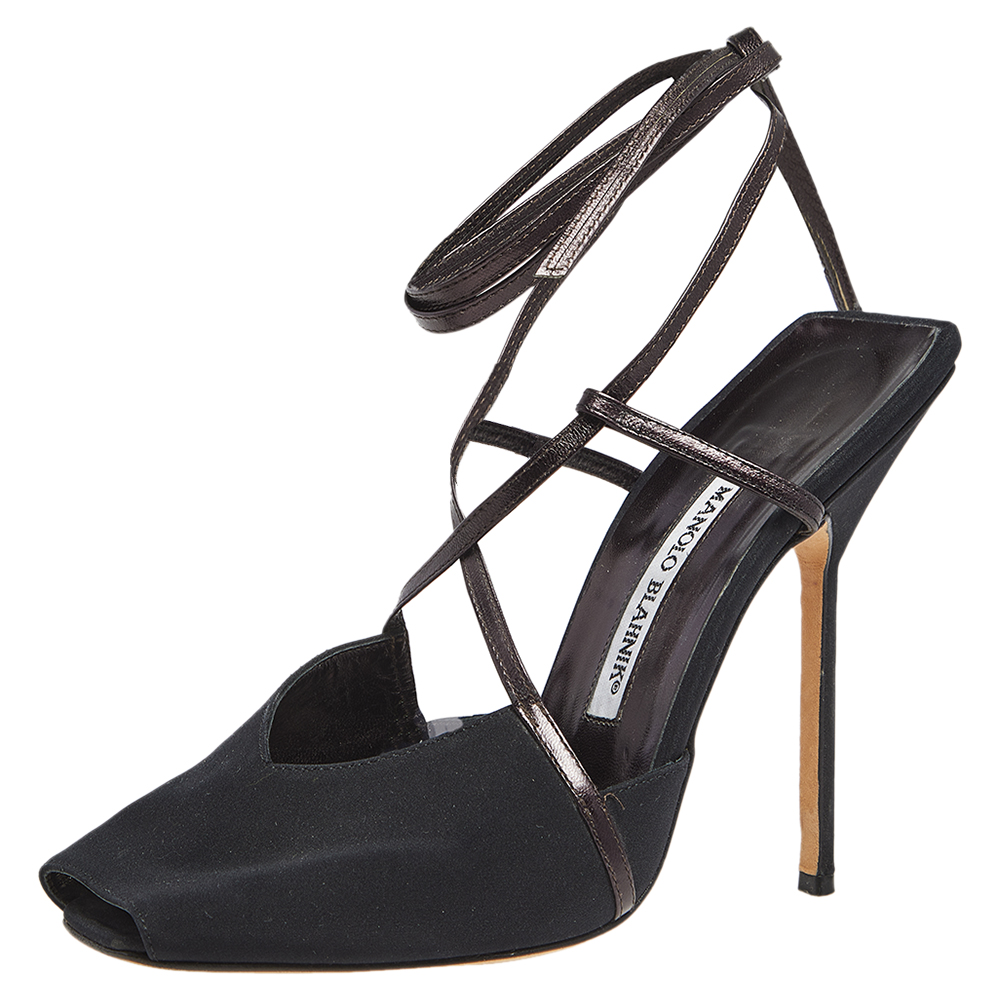 

Manolo Blahnik Black/Plum Satin and Leather Square Peep-Toe Ankle-Tie Sandals Size