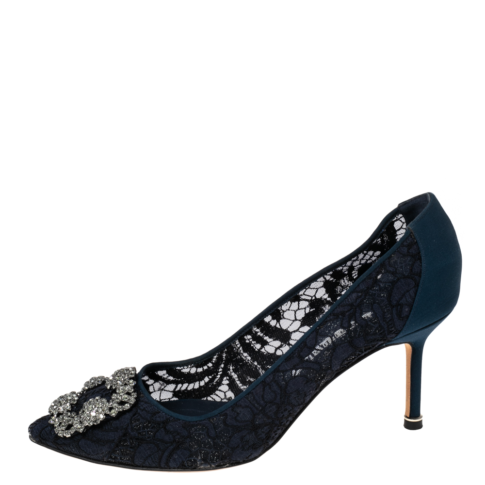 

Manolo Blahnik Navy Blue Lace Hangisi Pumps Size