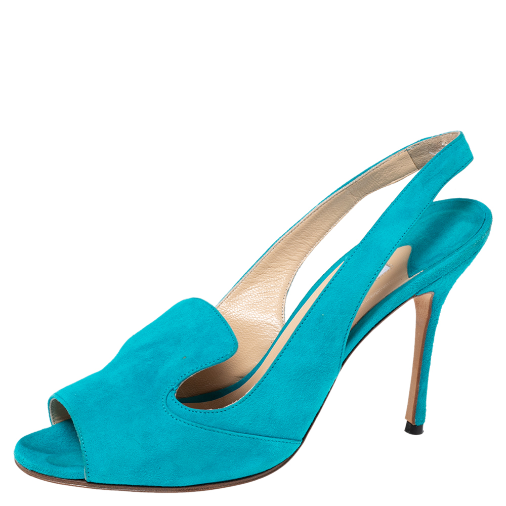 

Manolo Blahnik Aqua Blue Suede Slingback Peep-Toe Sandals Size