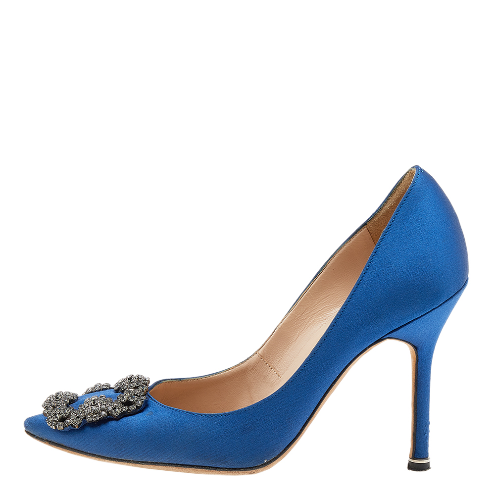 

Manolo Blahnik Blue Satin Hangisi Embellished Pumps Size