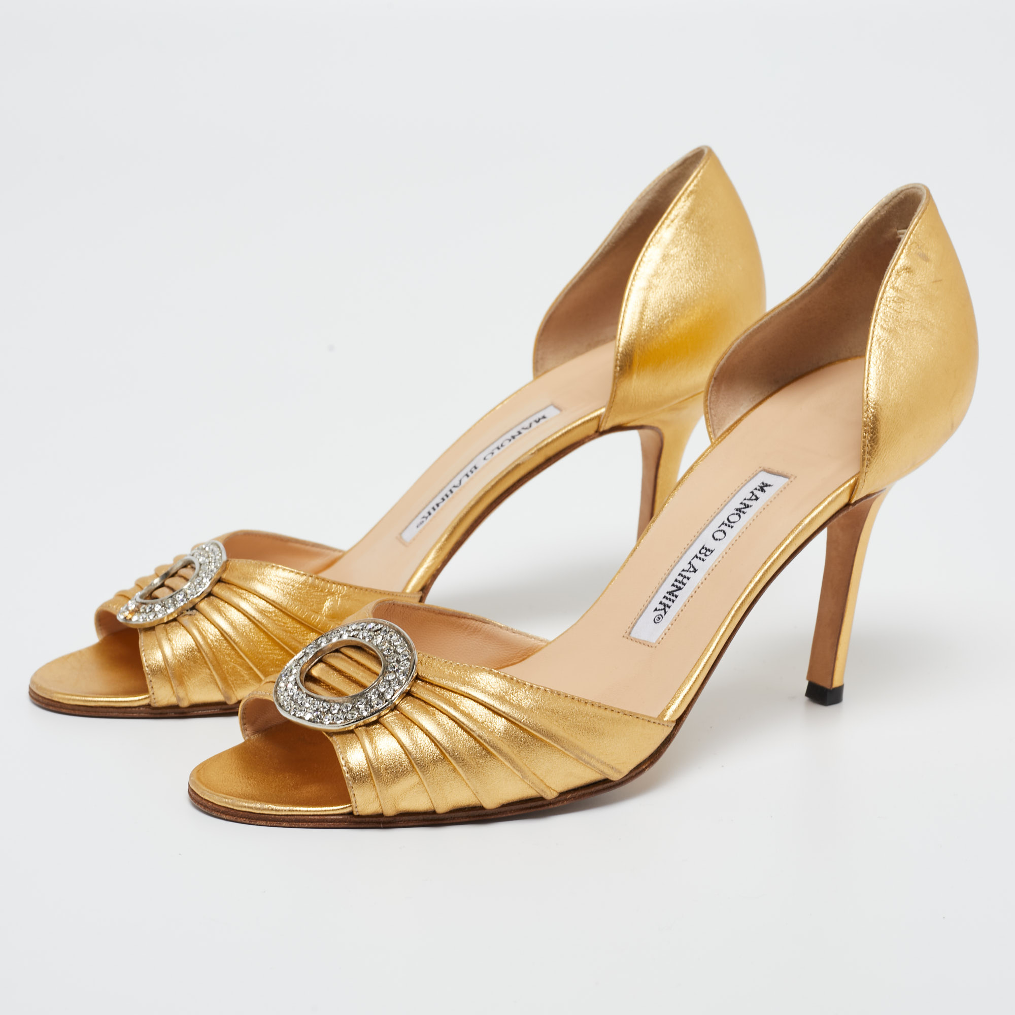 

Manolo Blahnik Gold Leather Crystal Embellished Open Toe Pumps Size, Metallic