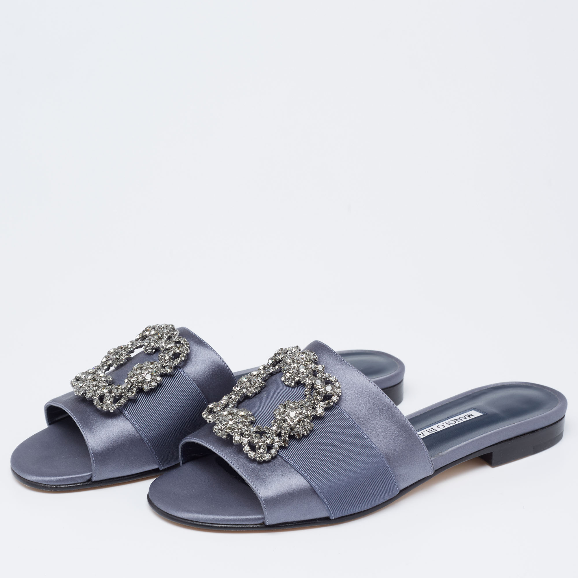 

Manolo Blahnik Blue-Grey Satin Martamod Flat Slides Size