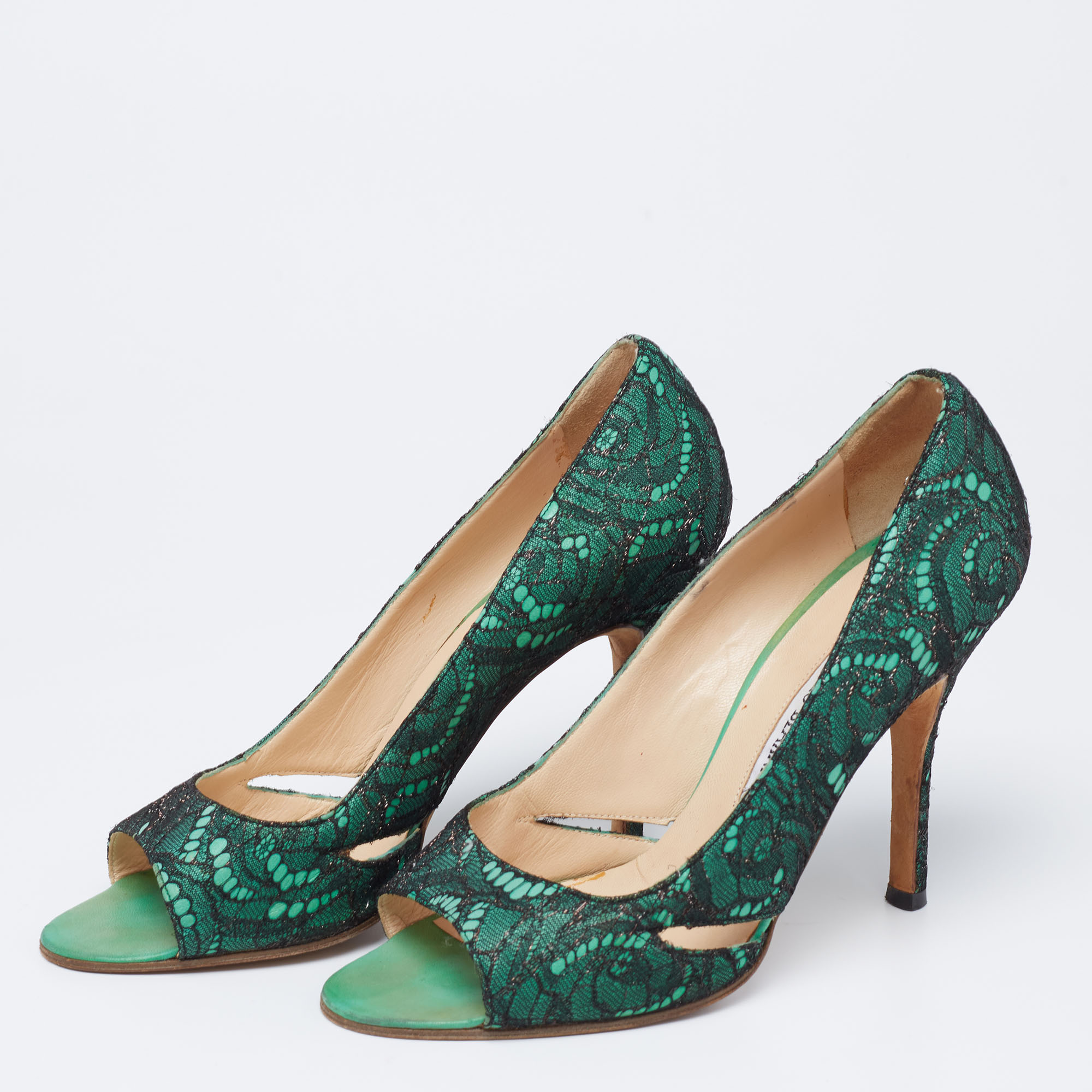 

Manolo Blahnik Black/Green Lace and Leather Open-Toe Pumps Size