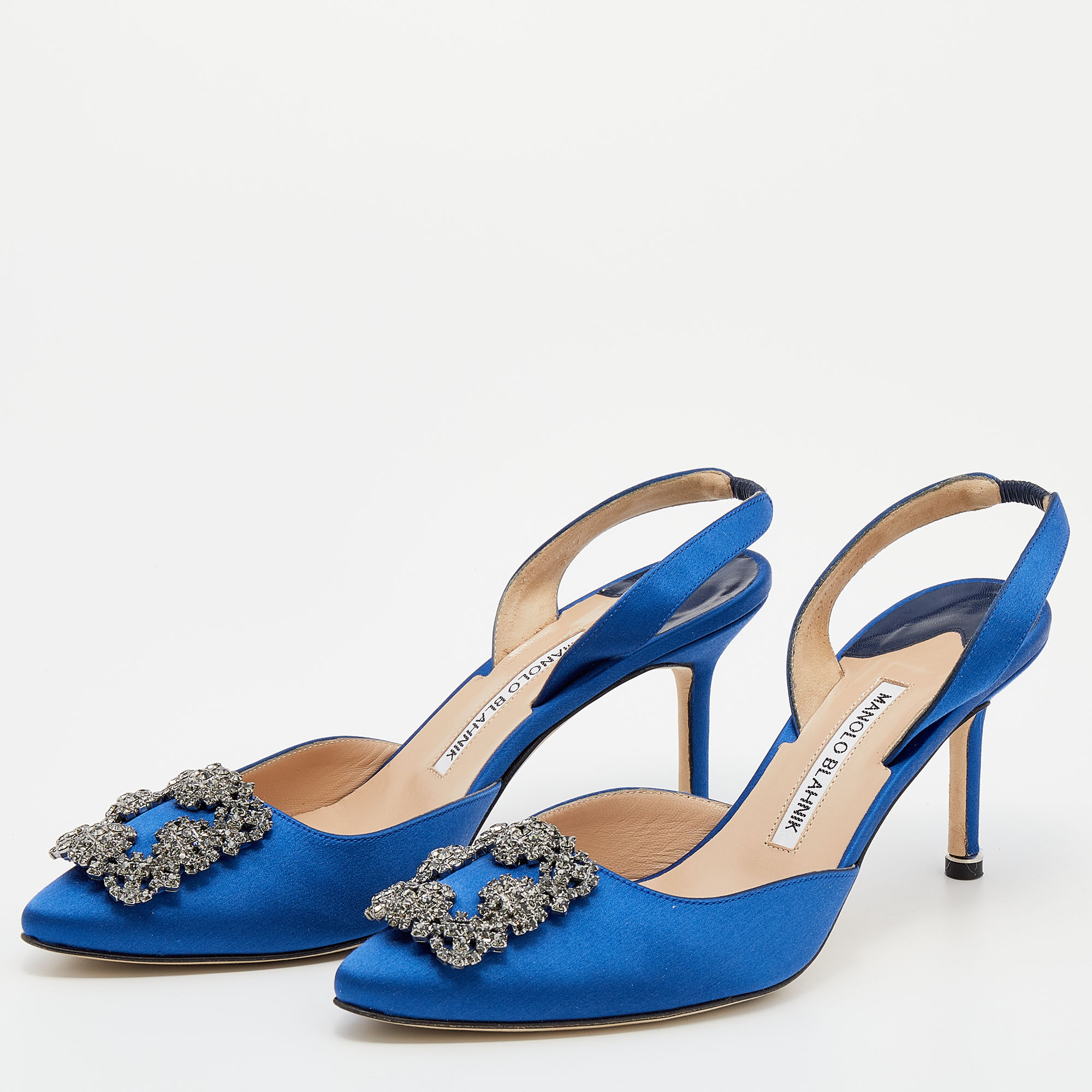 

Manolo Blahnik Blue Satin Hangisi Slingback Sandals Size