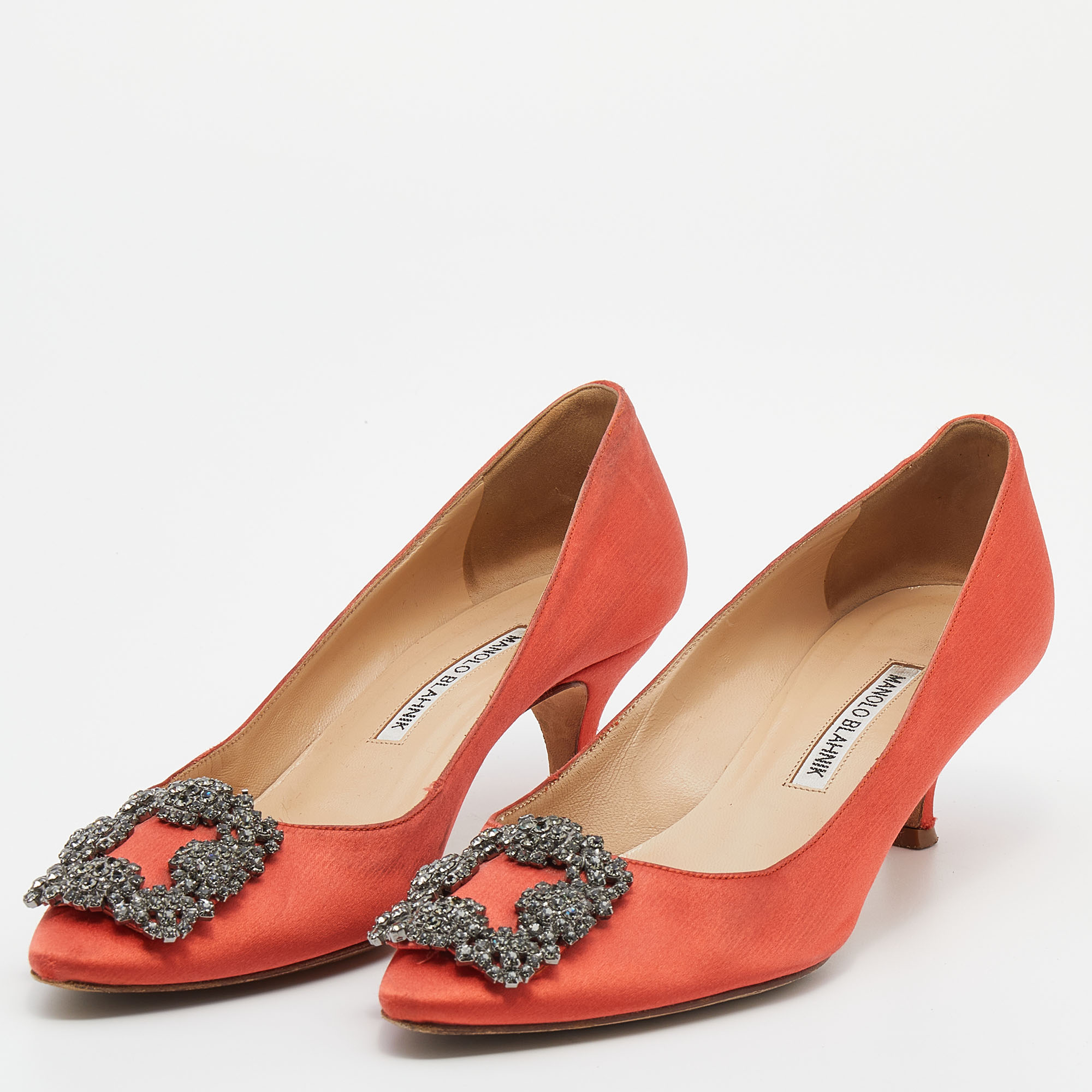 

Manolo Blahnik Orange Satin Hangisi Pumps Size