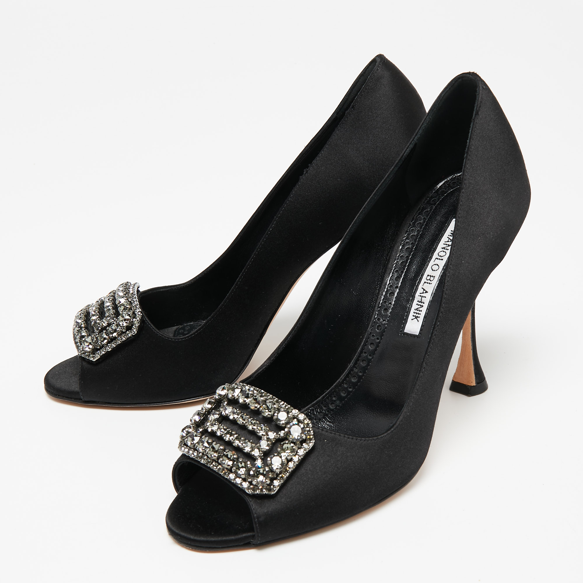 

Manolo Blahnik Black Satin Matik Peep Toe Pumps Size