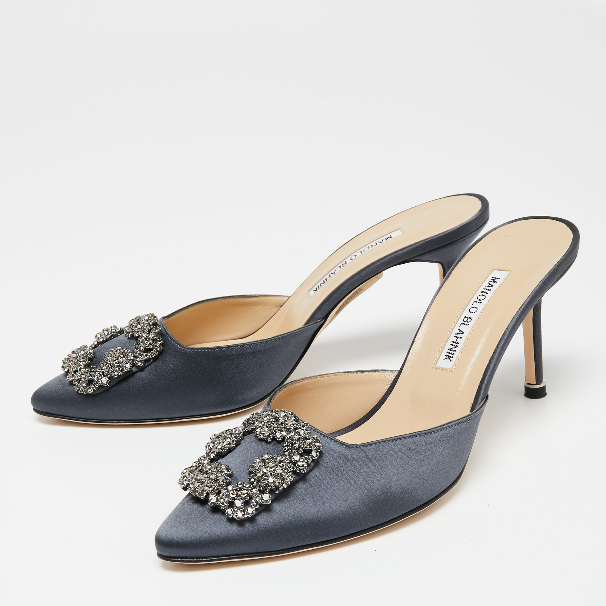 

Manolo Blahnik Ash Blue Satin Hangisi Mule Sandals Size