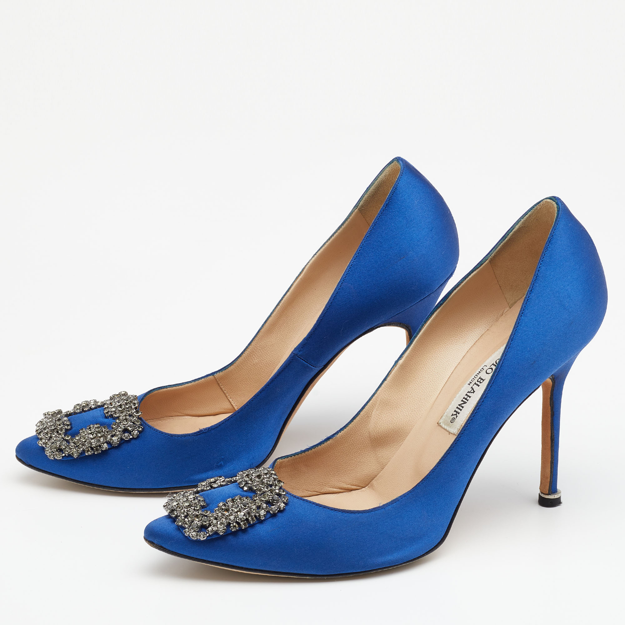 

Manolo Blahnik Blue Satin Hangisi Crystal Embellished Pumps Size
