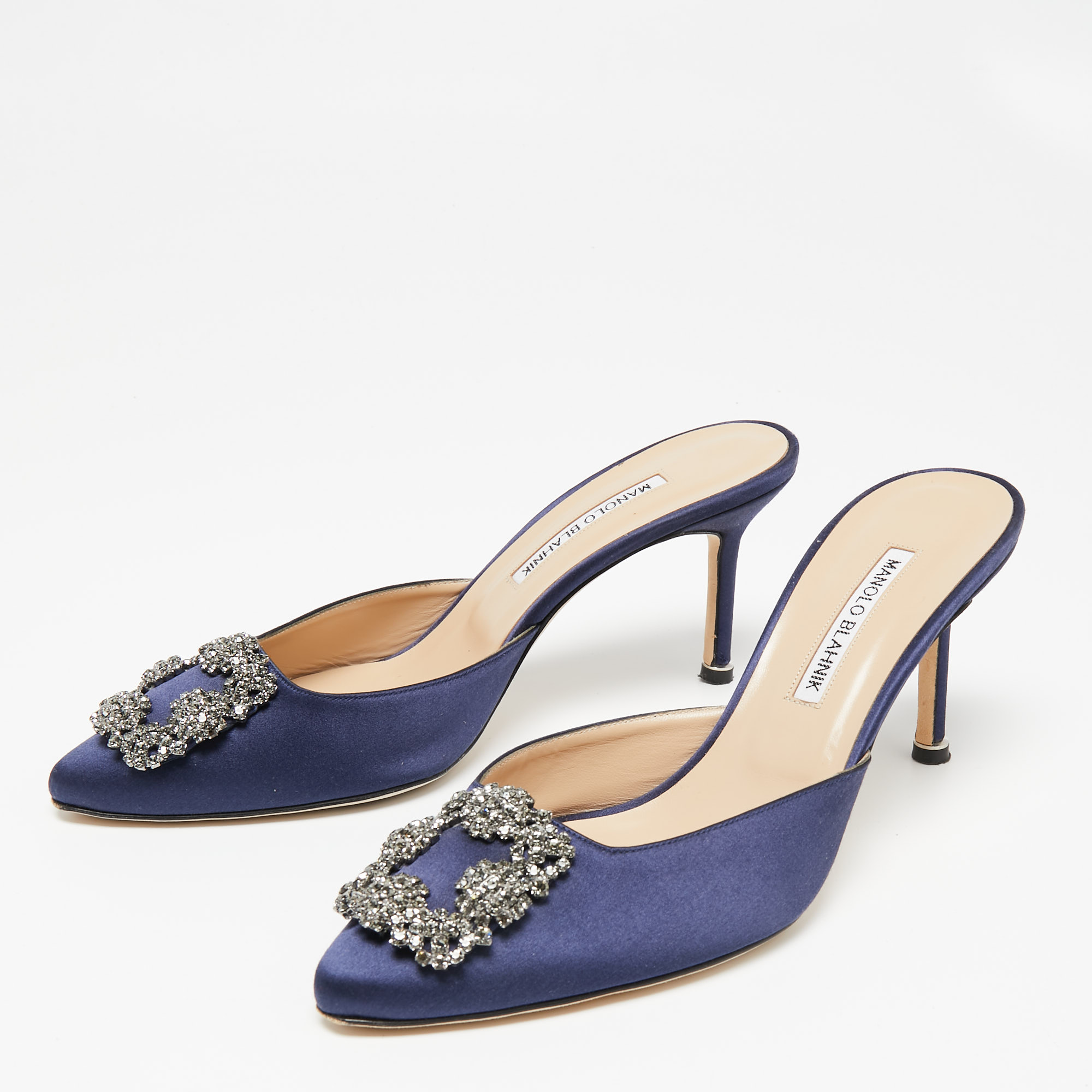 

Manolo Blahnik Blue Satin Hangisimu Crystal Embellished Mule Sandals Size