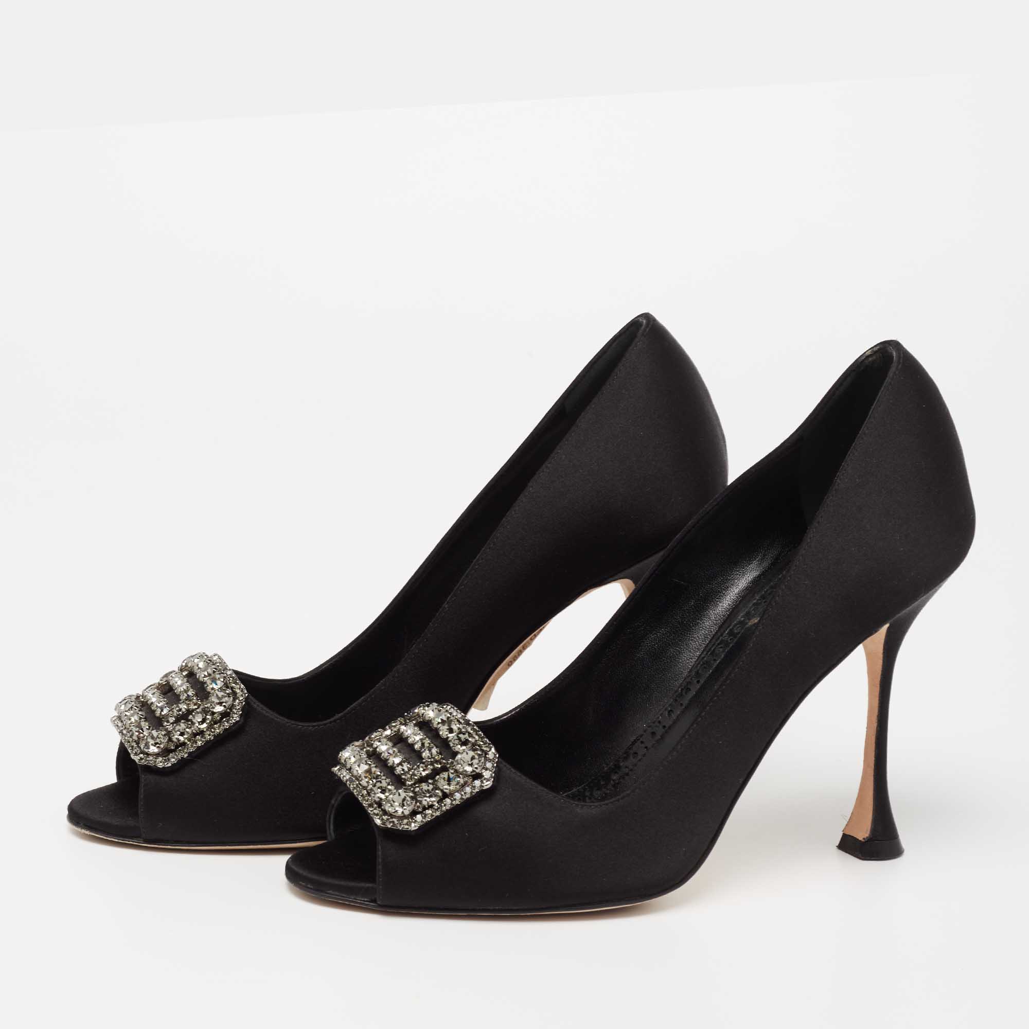 

Manolo Blahnik Black Satin Matik Peep Toe Pumps Size