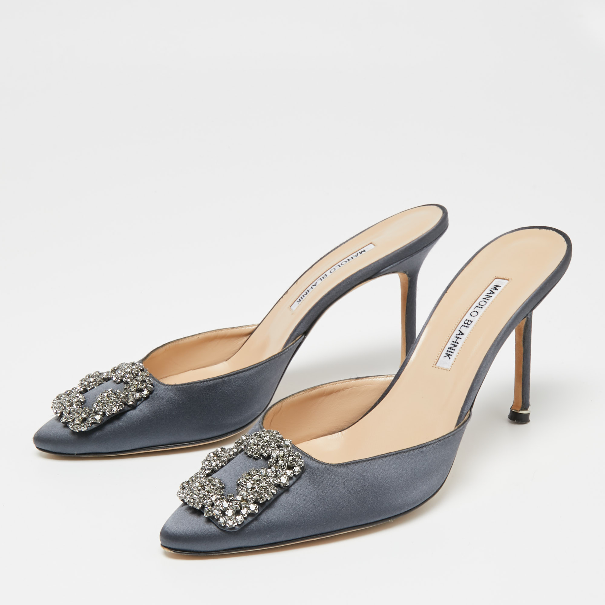 

Manolo Blahnik Grey Satin Hangisi Mule Sandals Size