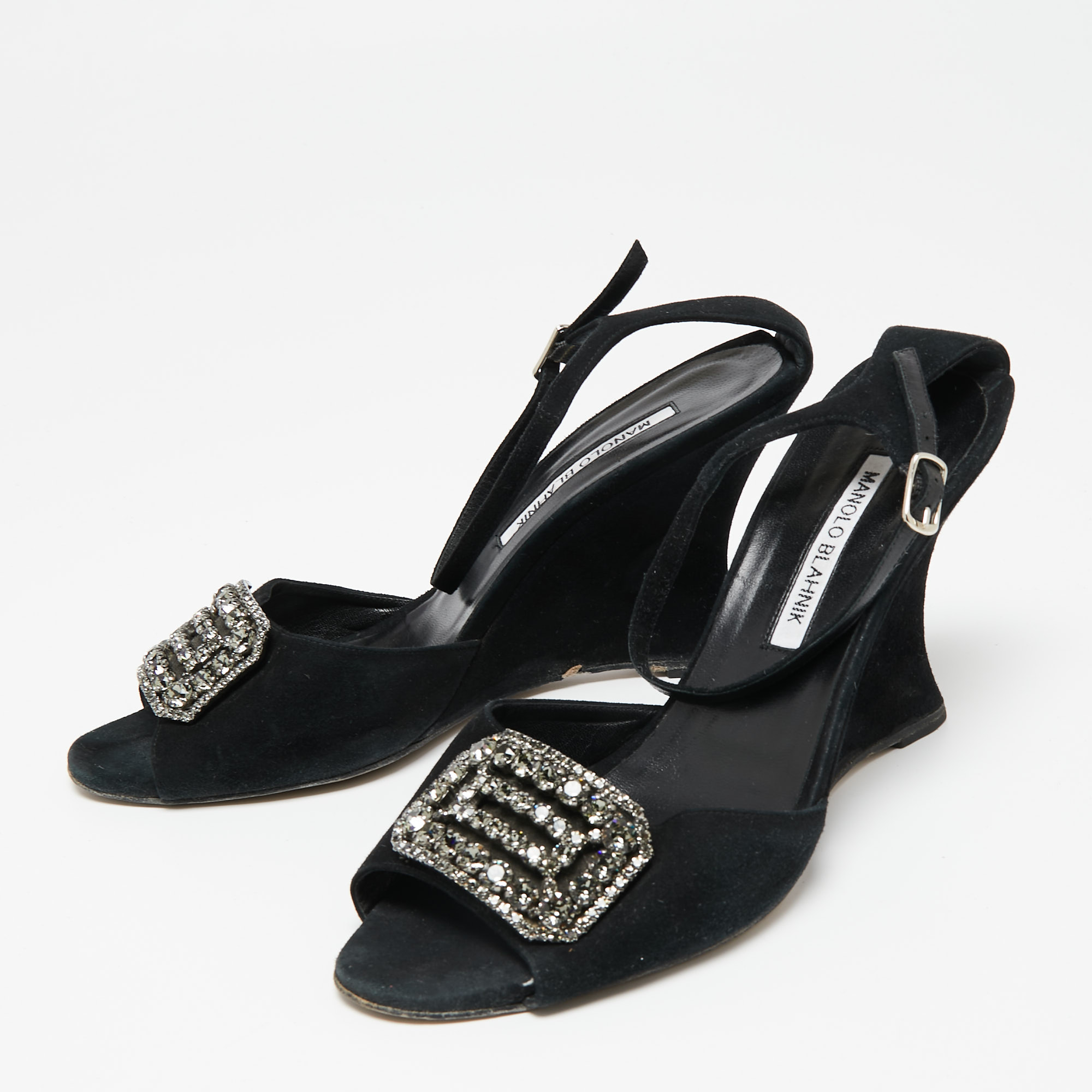 

Manolo Blahnik Black Suede Crystal Embellished Trice Wedge Sandals Size