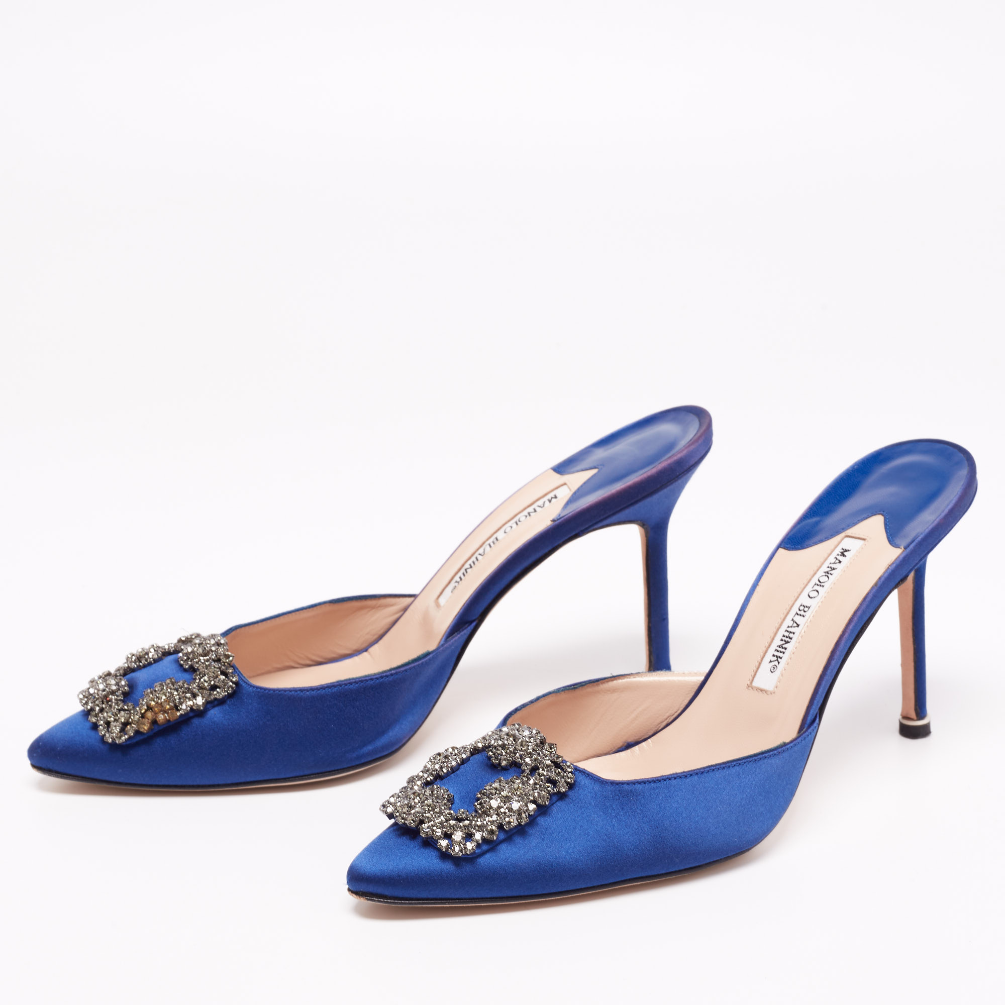 

Manolo Blahnik Blue Satin and Crystal Buckle Hangisi Mules Size