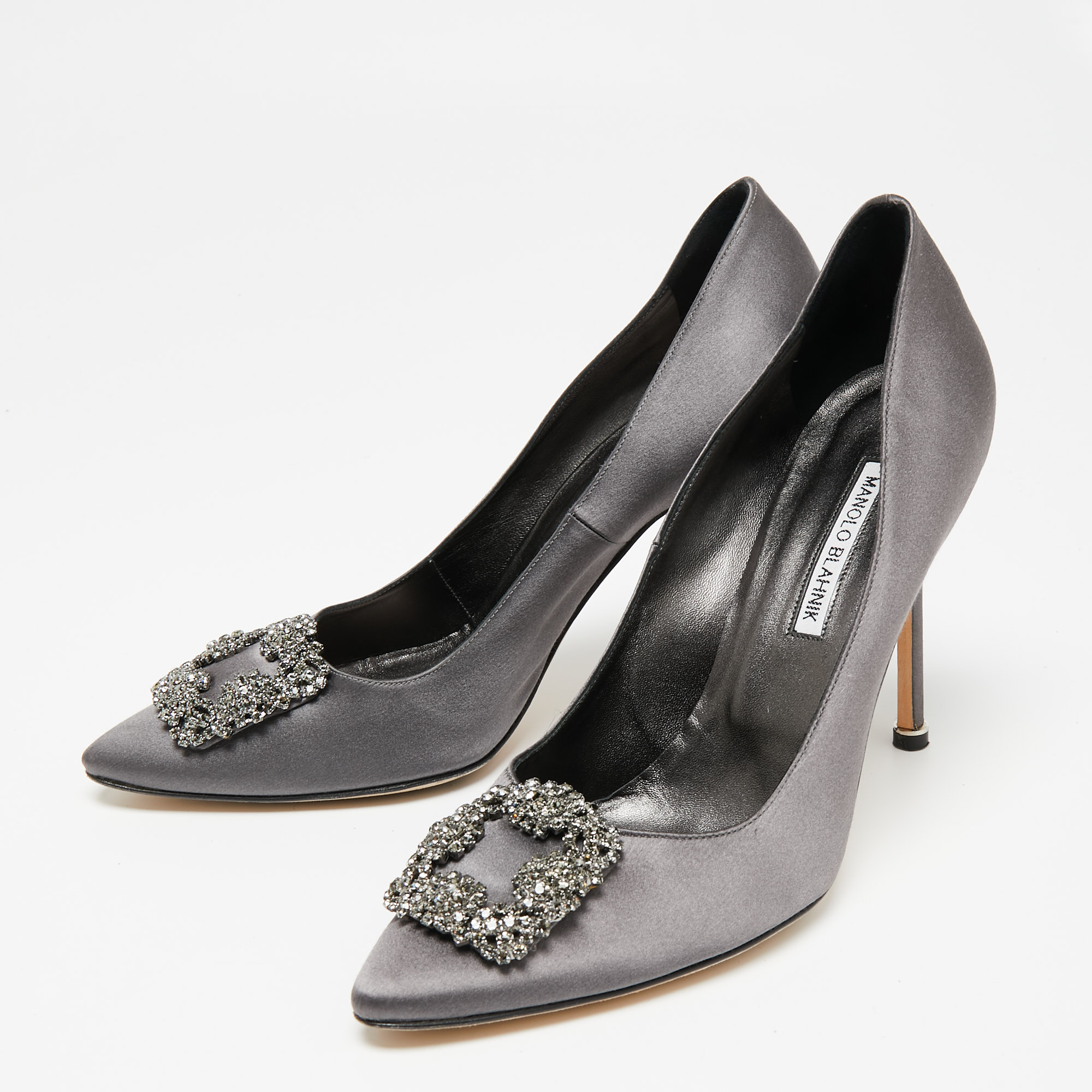 

Manolo Blahnik Grey Satin Hangisi Pumps Size