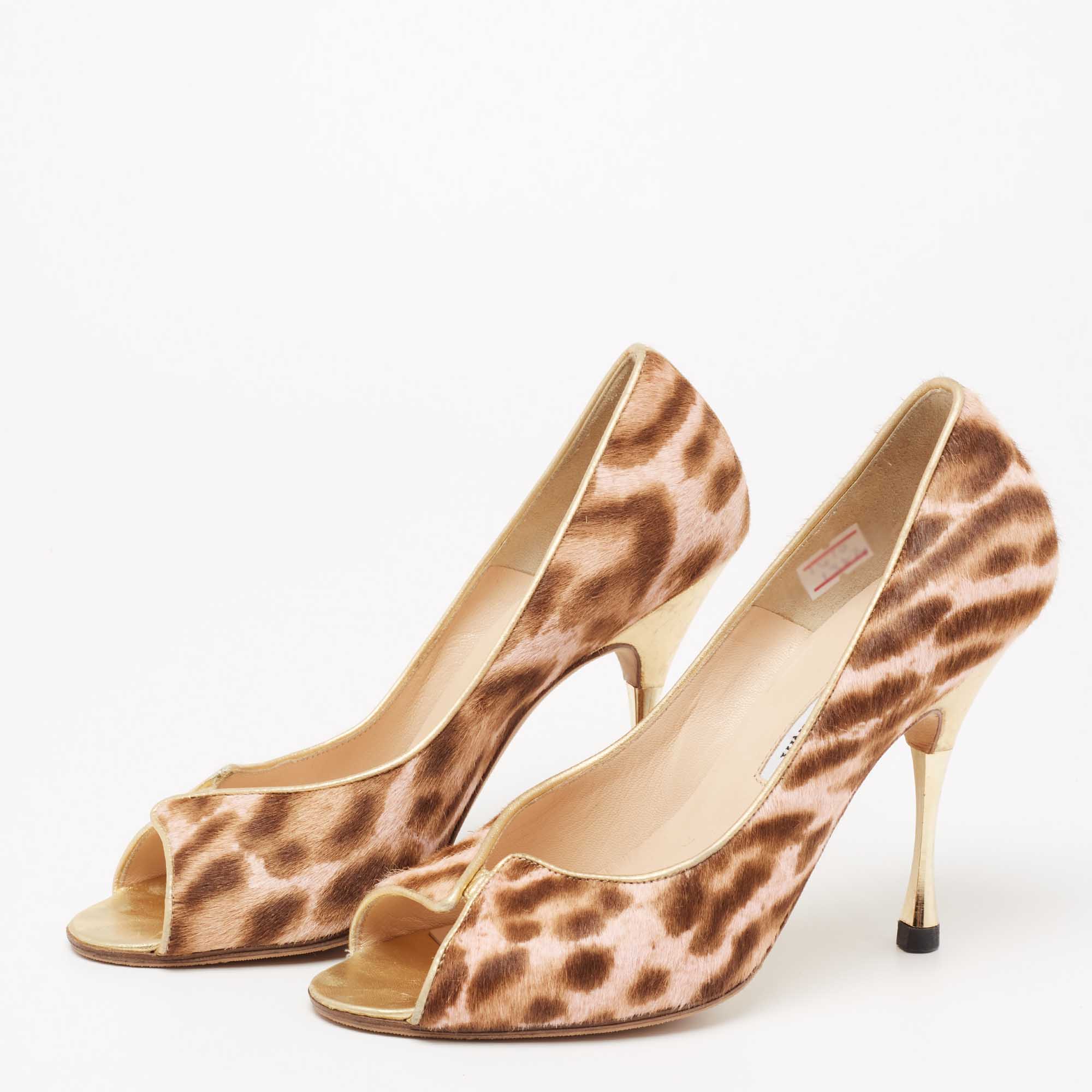 

Manolo Blahnik Brown/White Calf Hair And Leather Peep Pumps Size