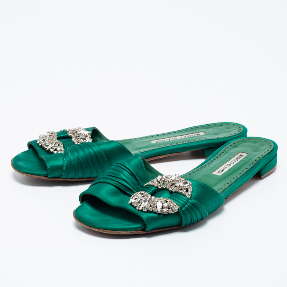 

Manolo Blahnik Green Satin Pralina Slide Sandals Size