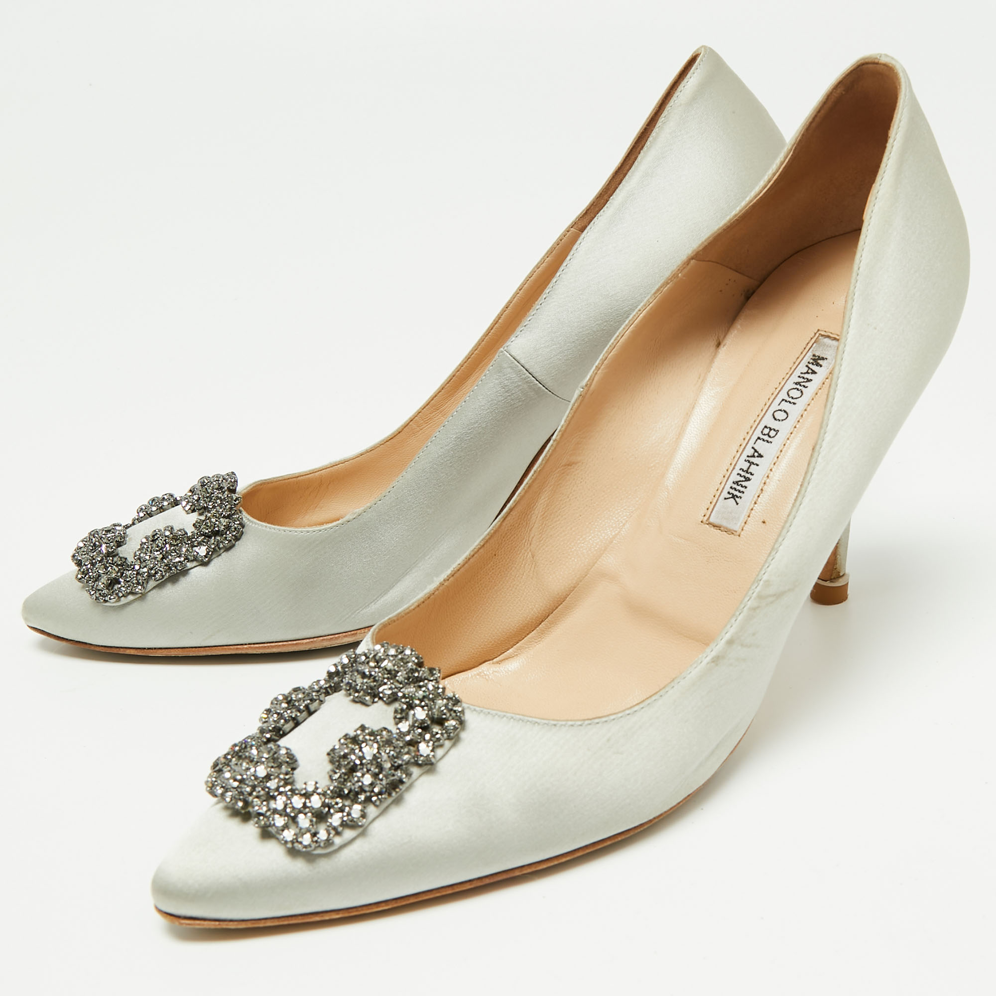 

Manolo Blahnik Grey Satin Hangisi Pumps Size