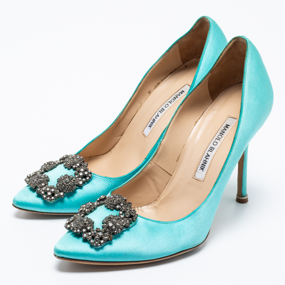 

Manolo Blahnik Blue Satin Jewel Buckle Hangisi Pumps Size