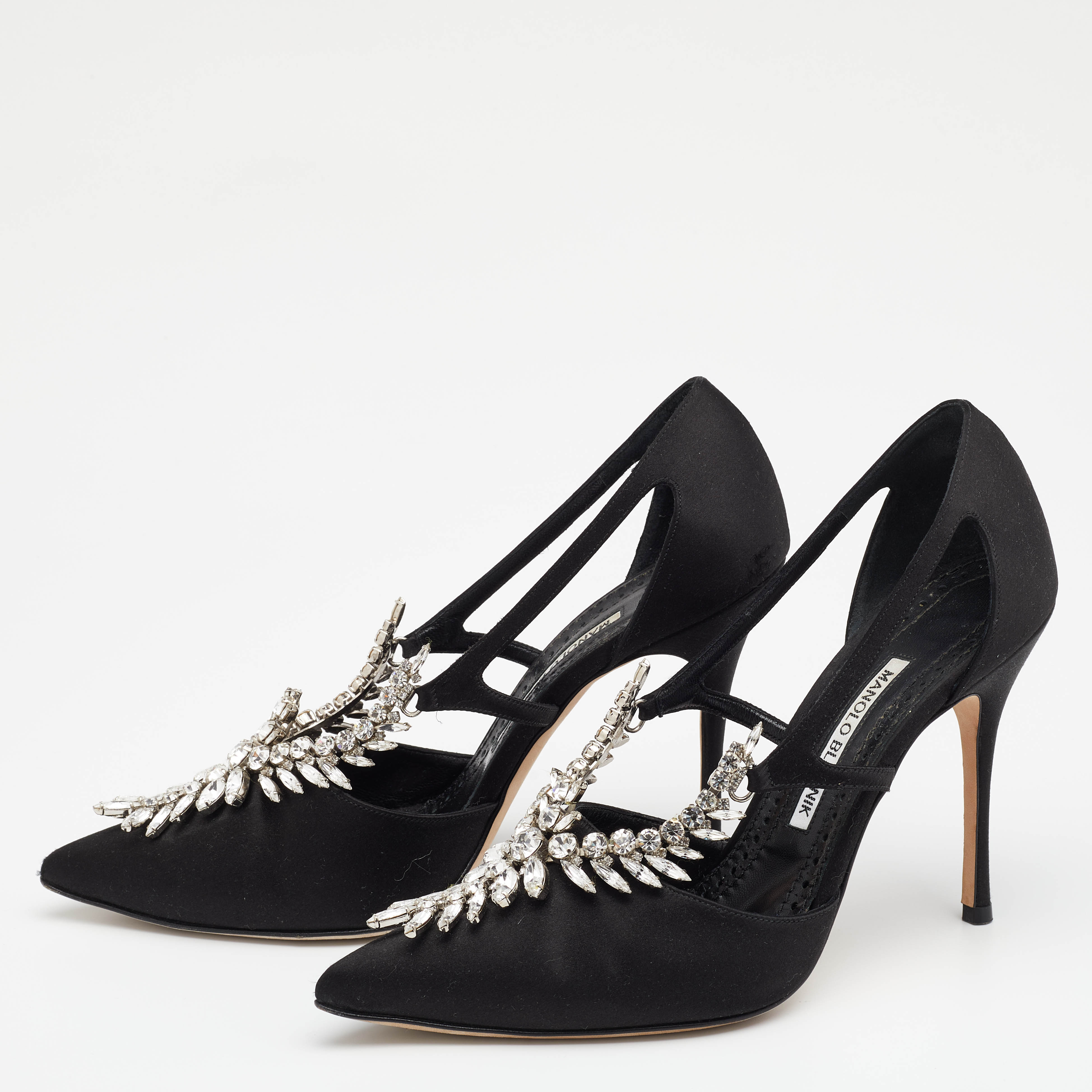 

Manolo Blahnik Black Satin Lala Embellished Pumps Size