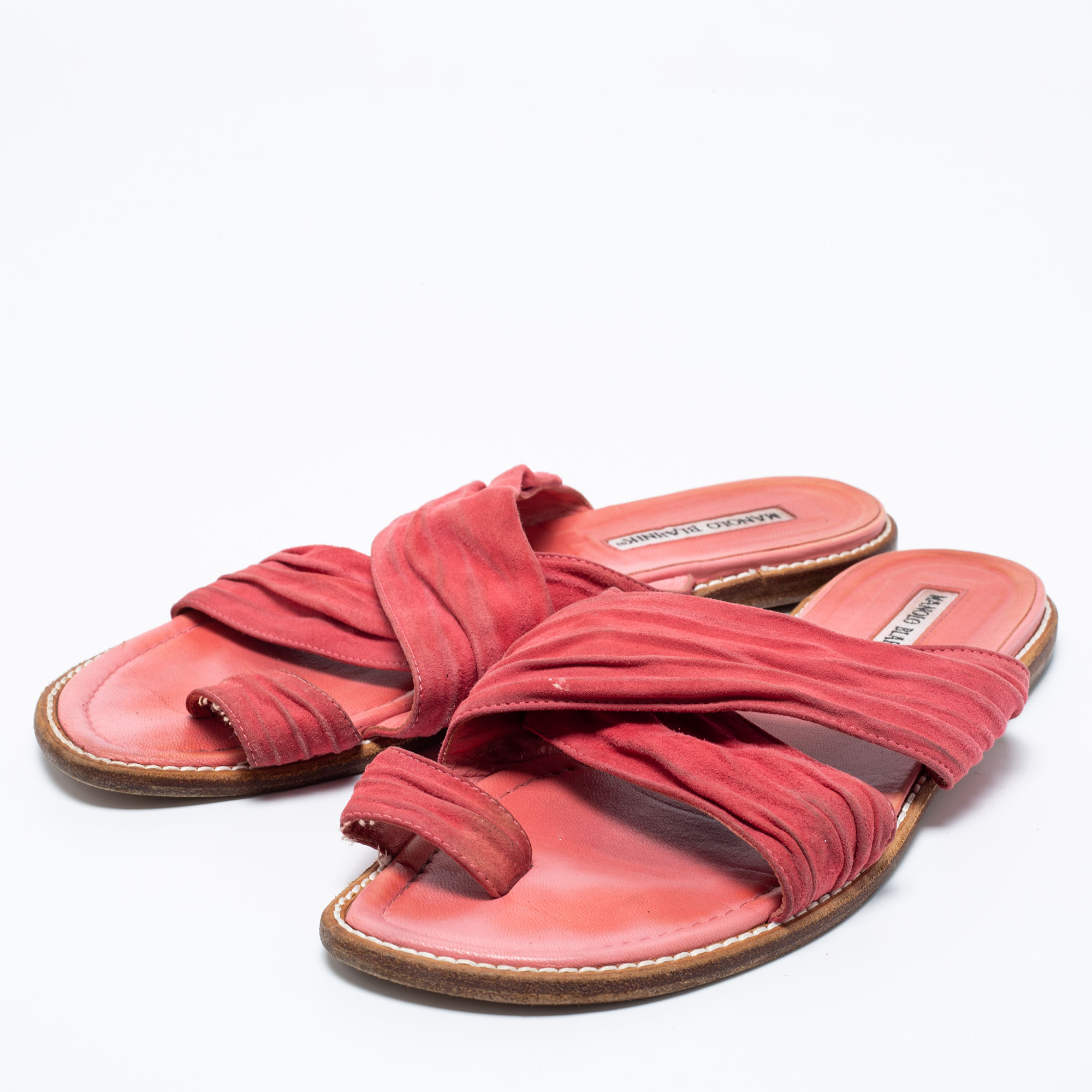 

Manolo Blahnik Pink Suede Crisscross Flat Sandals Size