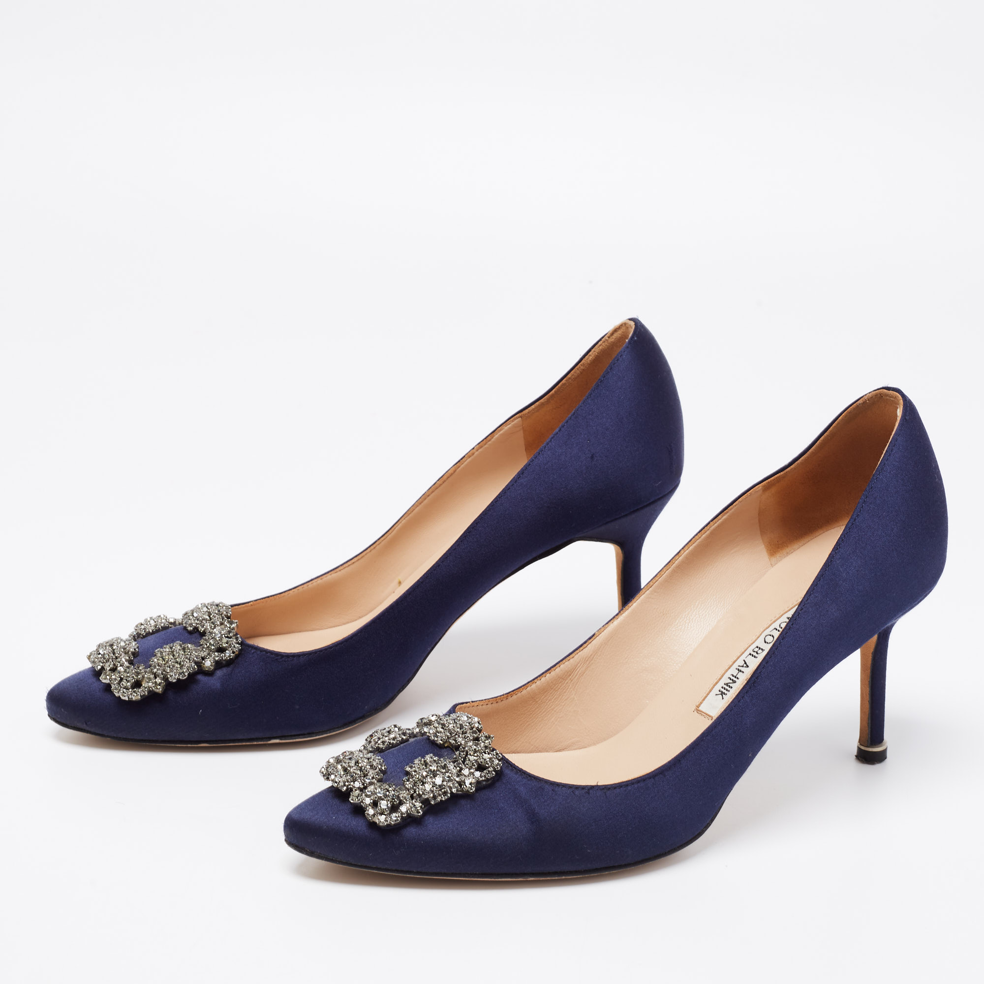 

Manolo Blahnik Navy Blue Satin Hangisi Pumps Size