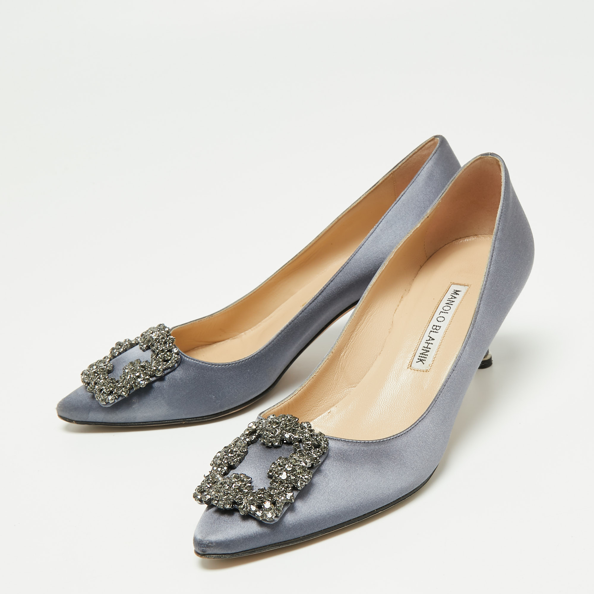 

Manolo Blahnik Grey Satin Hangisi Crystal Embellished Pumps Size