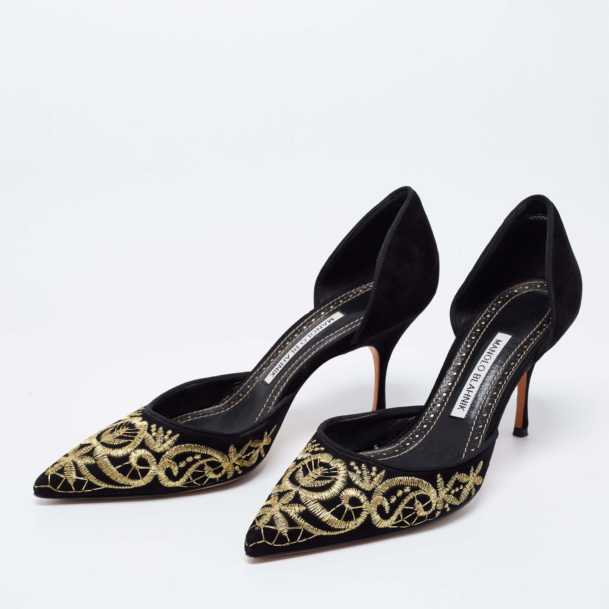 

Manolo Blahnik Black Suede Embroidered Volta D'Orsay Pumps Size