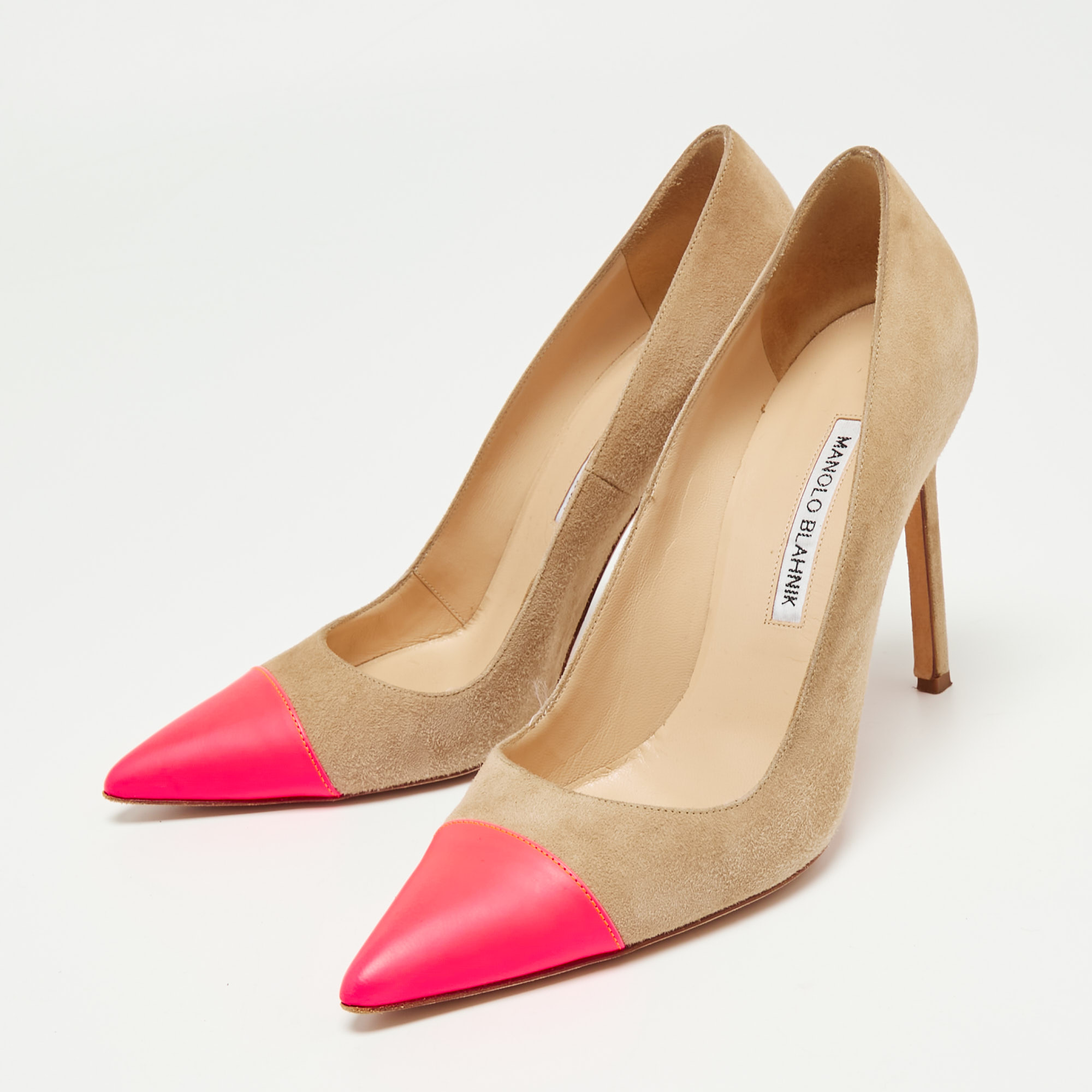 

Manolo Blahnik Beige/Pink Suede And Leather Cap-Toe Bipunta Pumps Size