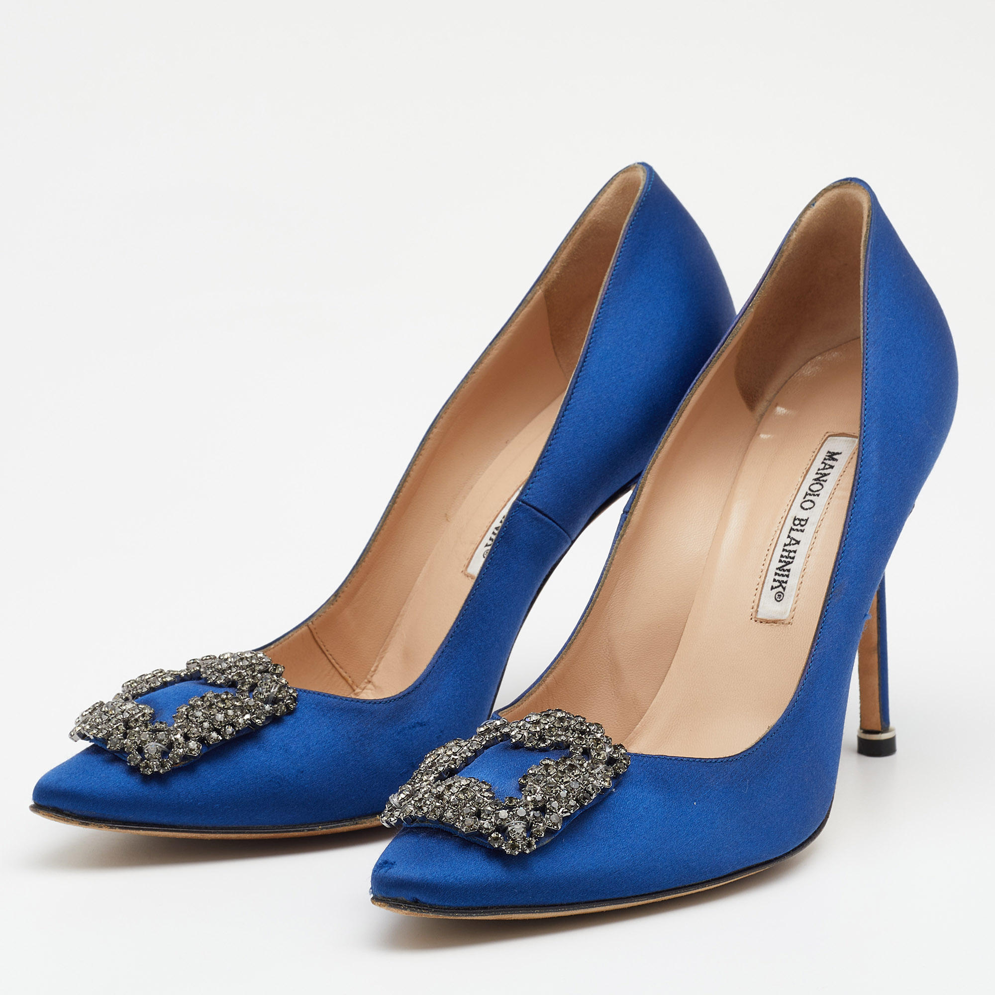 

Manolo Blahnik Blue Satin Hangisi Embellished Pumps Size