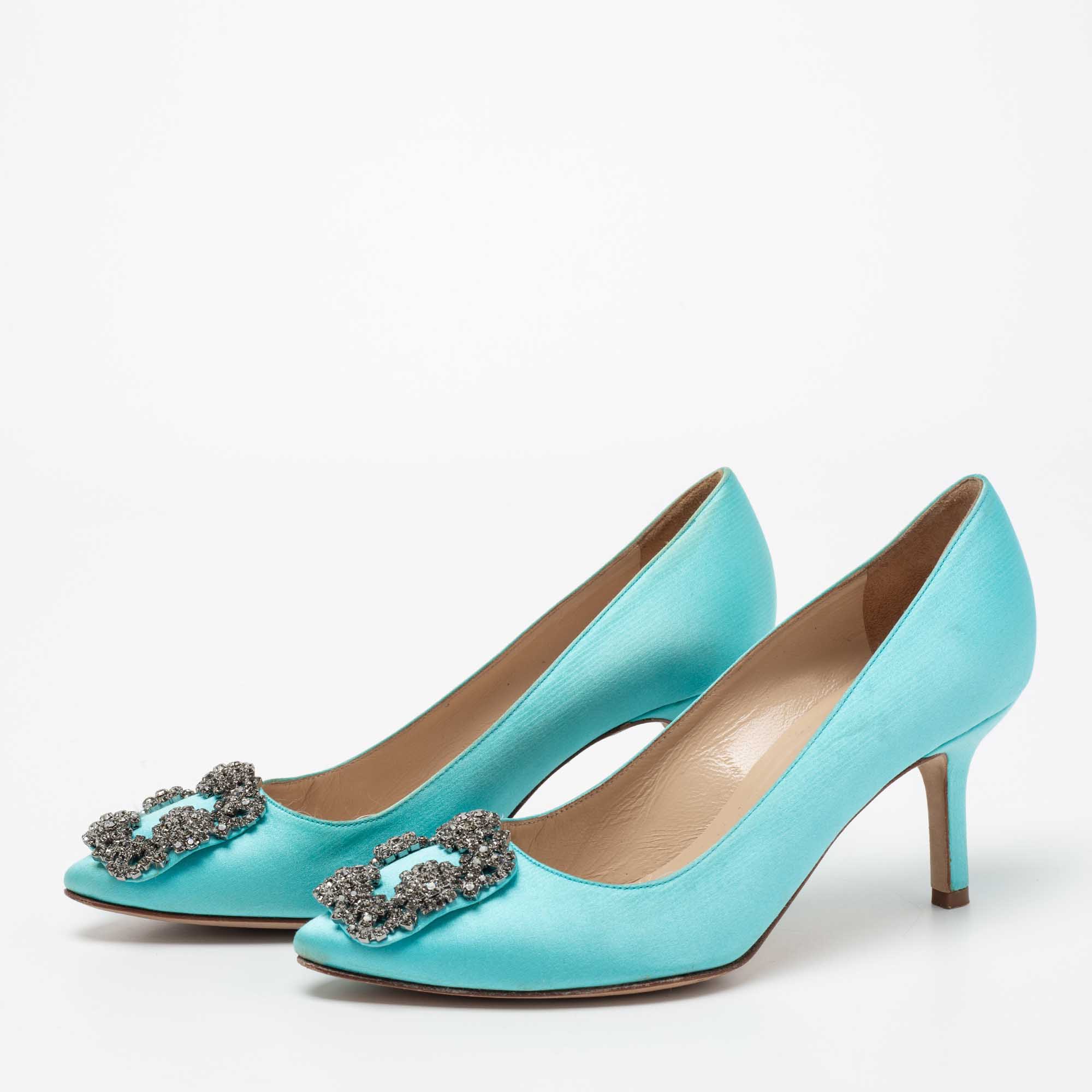 

Manolo Blahnik Light Blue Satin Hangisi Pumps Size