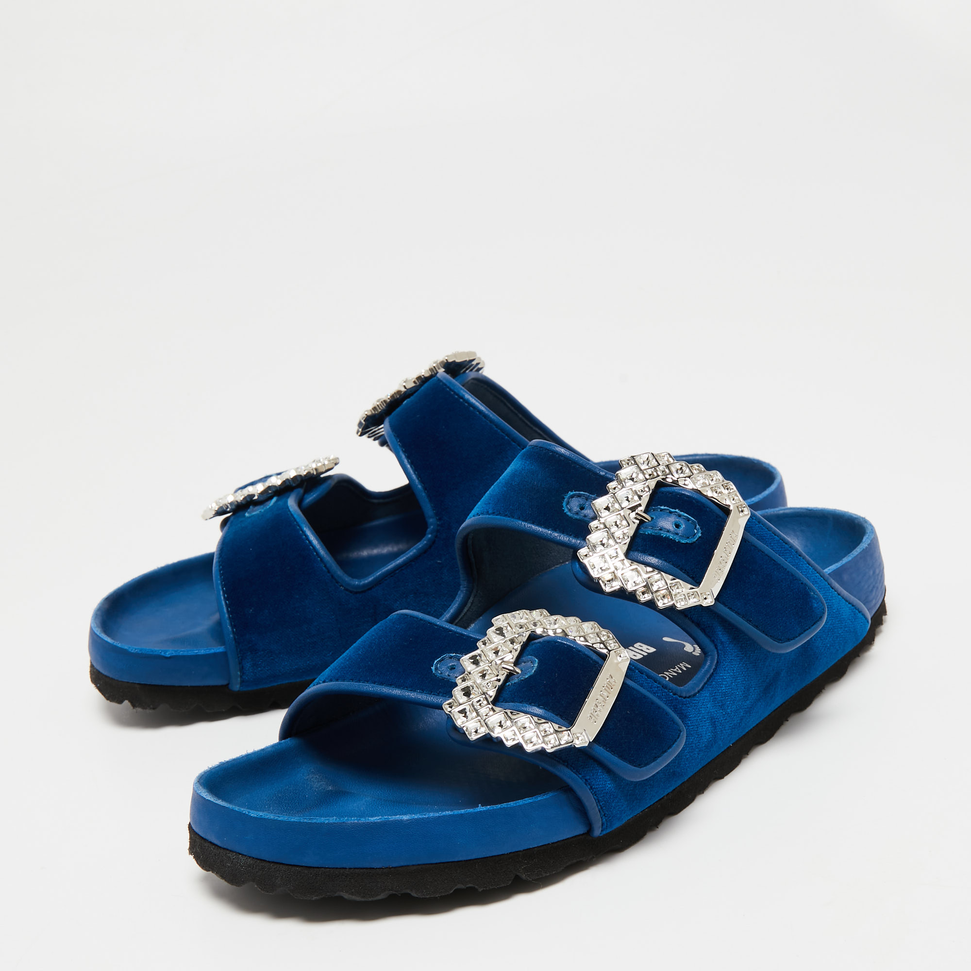 

Birkenstock X Manolo Blahnik Blue Velvet Crystal Embellishments Slides Size