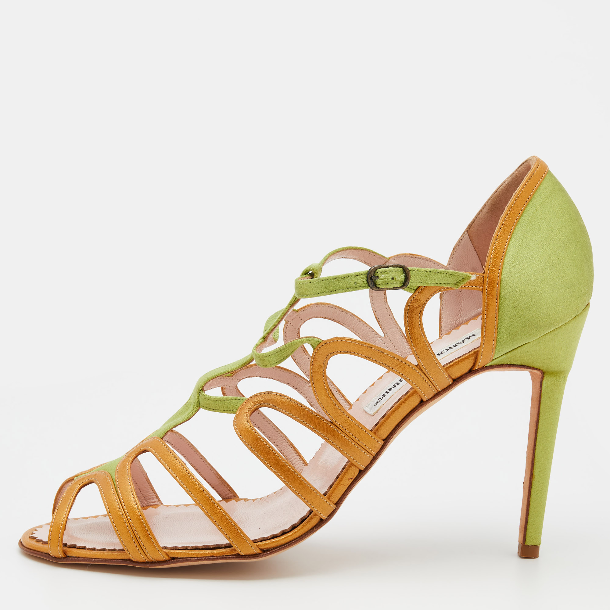

Manolo Blahnik Green/Gold Satin And Leather Cut Out Strappy Sandals Size