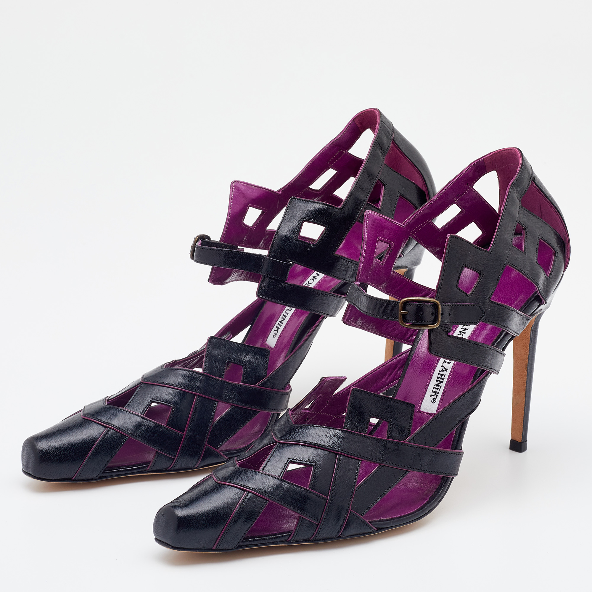 

Manolo Blahnik Black/Purple Leather Cut Out Sandals Size