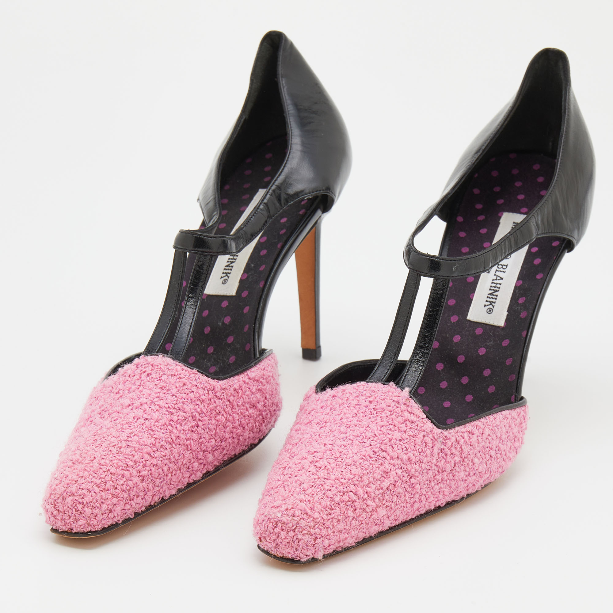 

Manolo Blahnik Pink/Black Tweed and Leather Pointed Toe Pumps Size