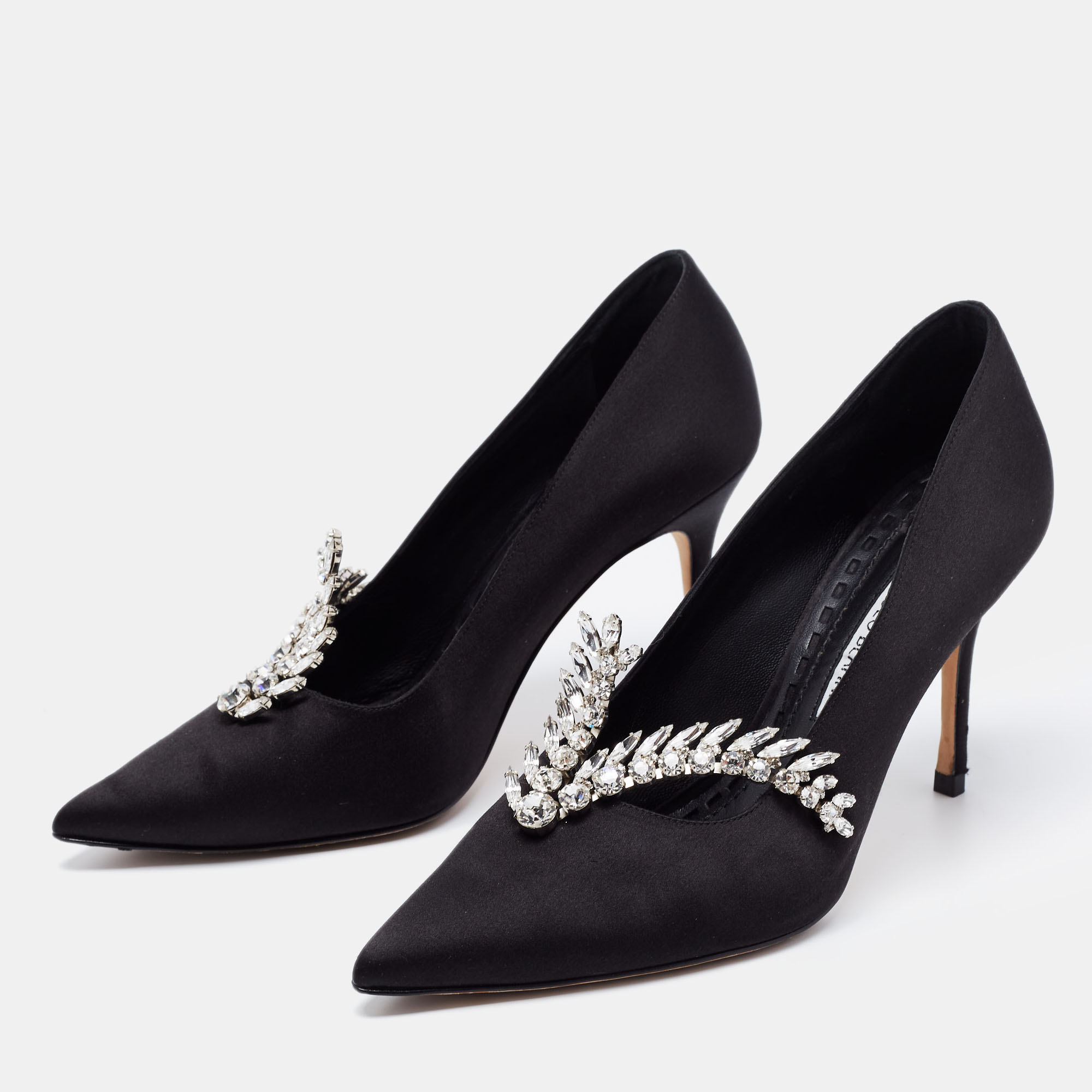 Manolo Blahnik Black Satin Nadira Pumps Size