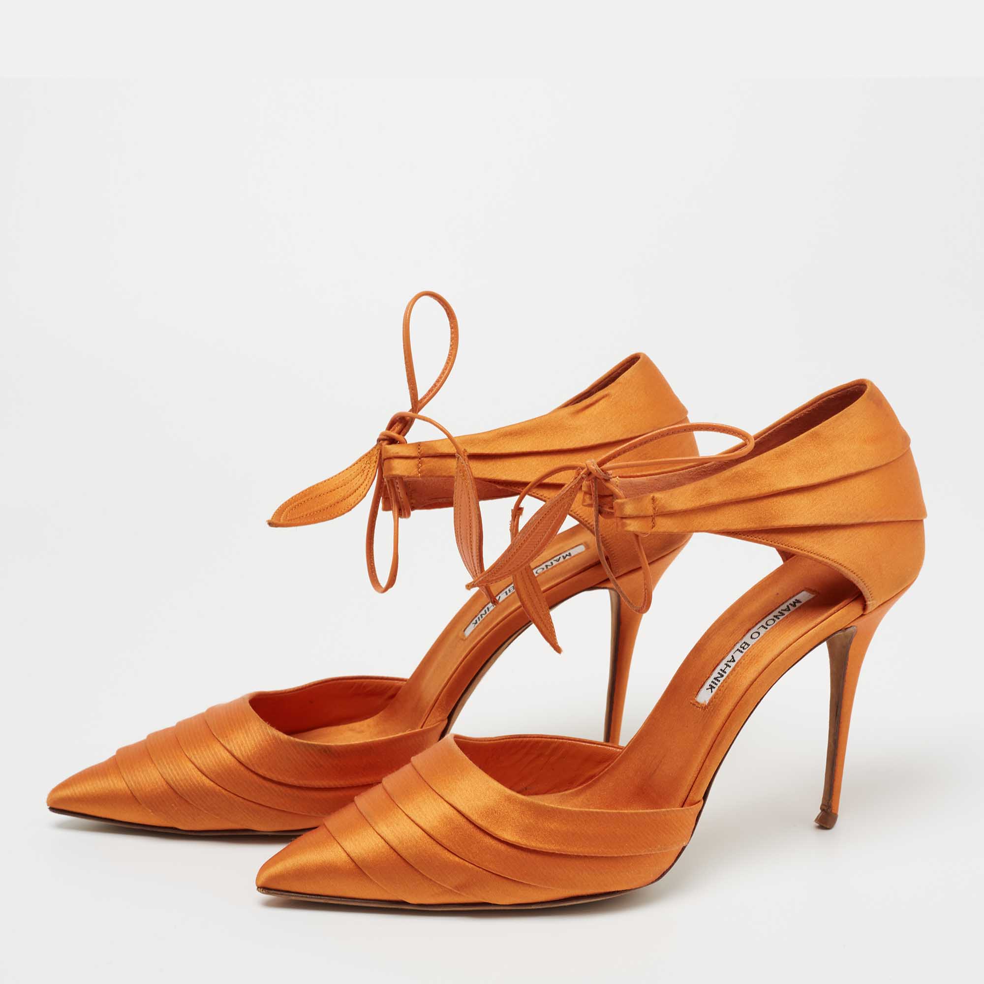 

Manolo Blahnik Orange Satin Ankle Strap Dorsay Pumps Size