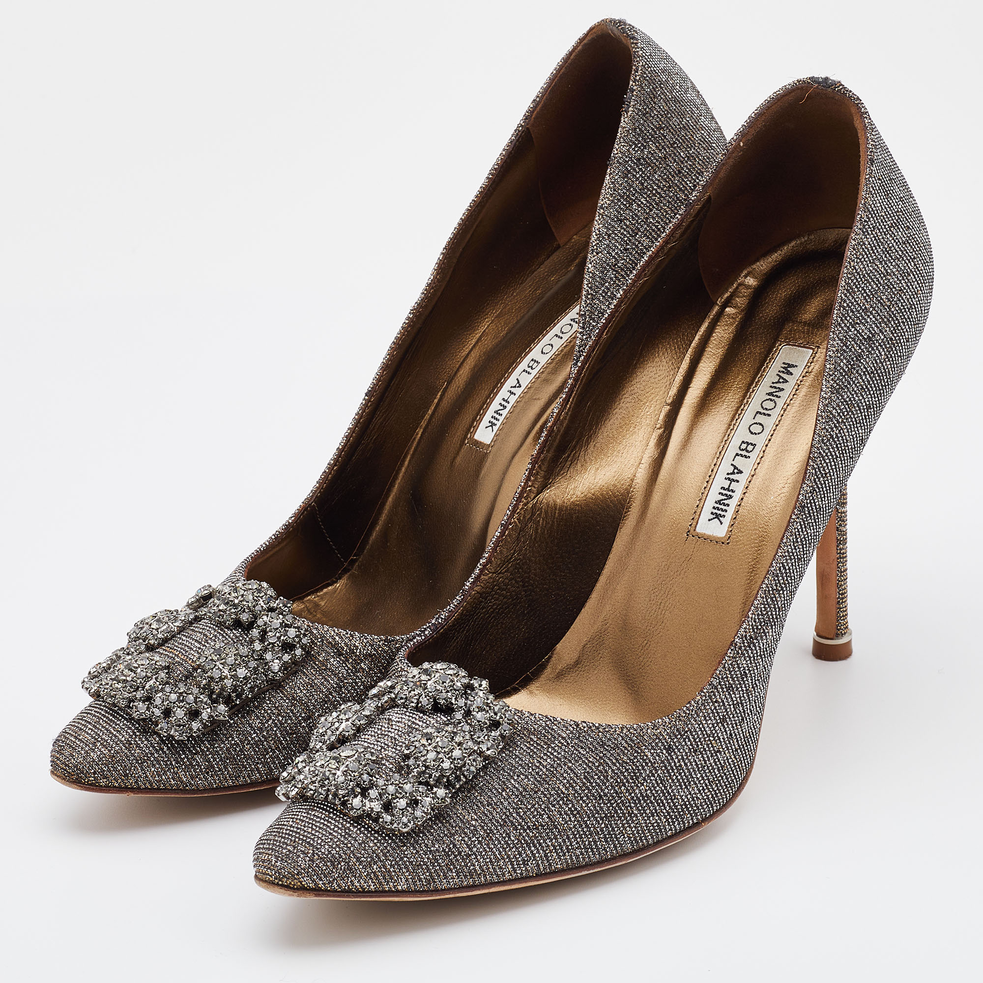 

Manolo Blahnik Metallic Bronze/Silver Lurex Fabric and Glitter Hangisi Pumps Size