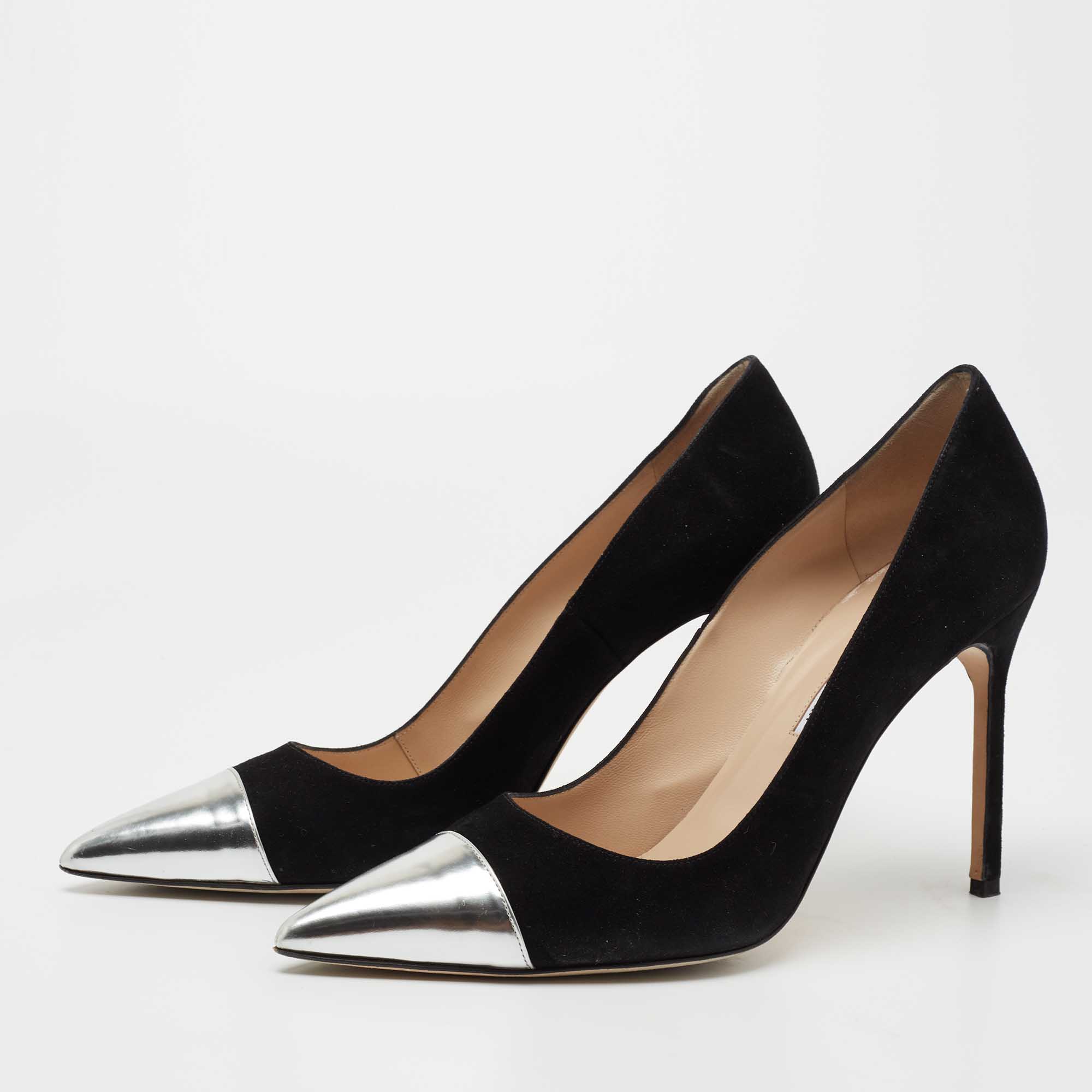 

Manolo Blahnik Black/Silver Suede and Leather Cap Toe Pumps Size