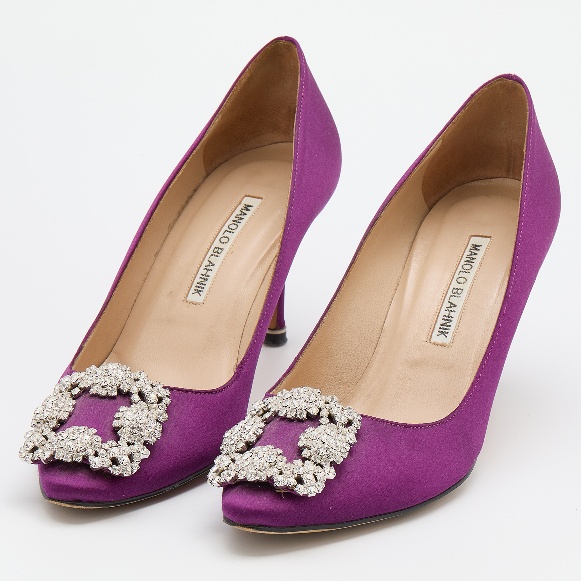 

Manolo Blahnik Dark Purple Satin Hangisi Crystal Embellished Pumps Size