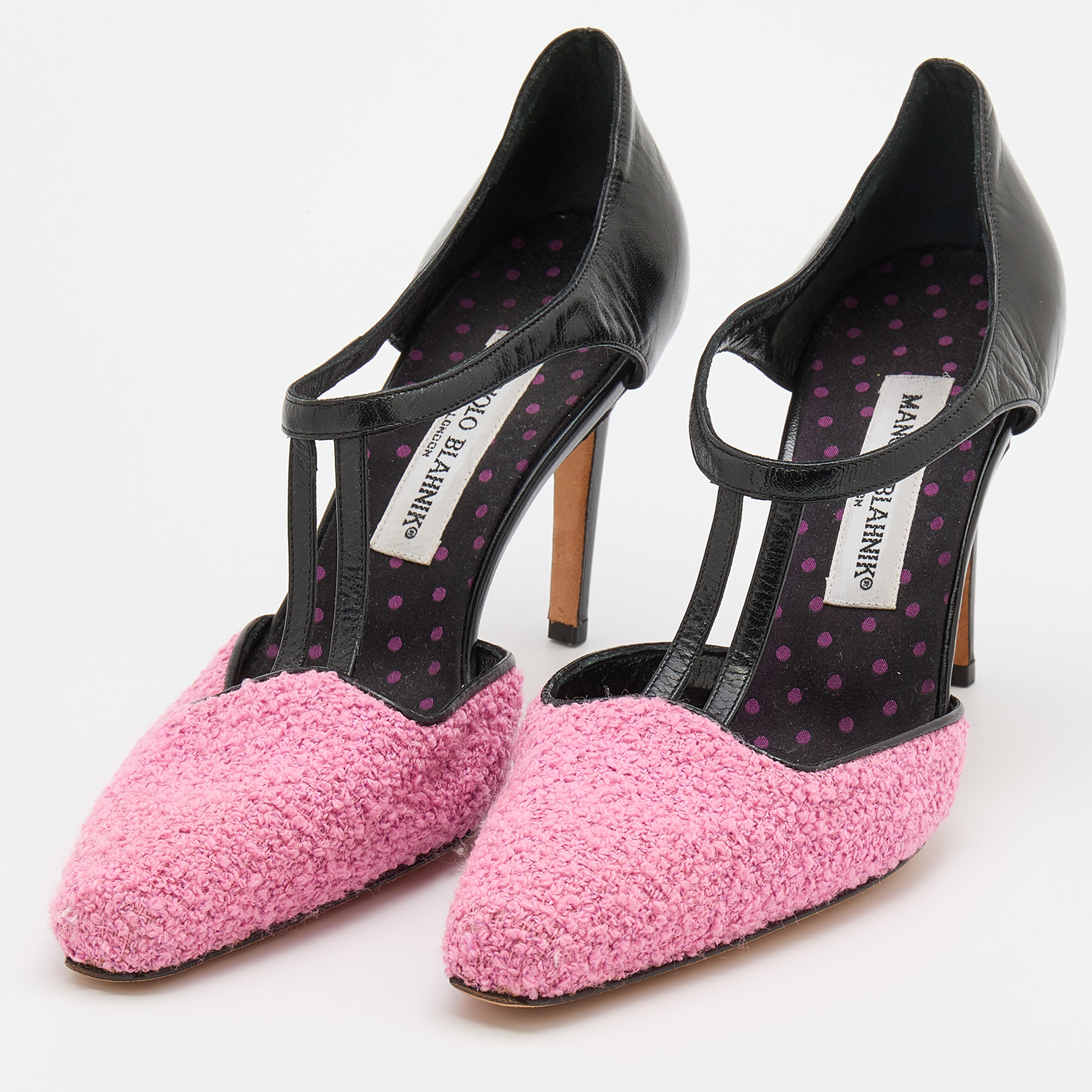 

Manolo Blahnik Pink/Black Fabric and Leather T-Strap Pumps Size