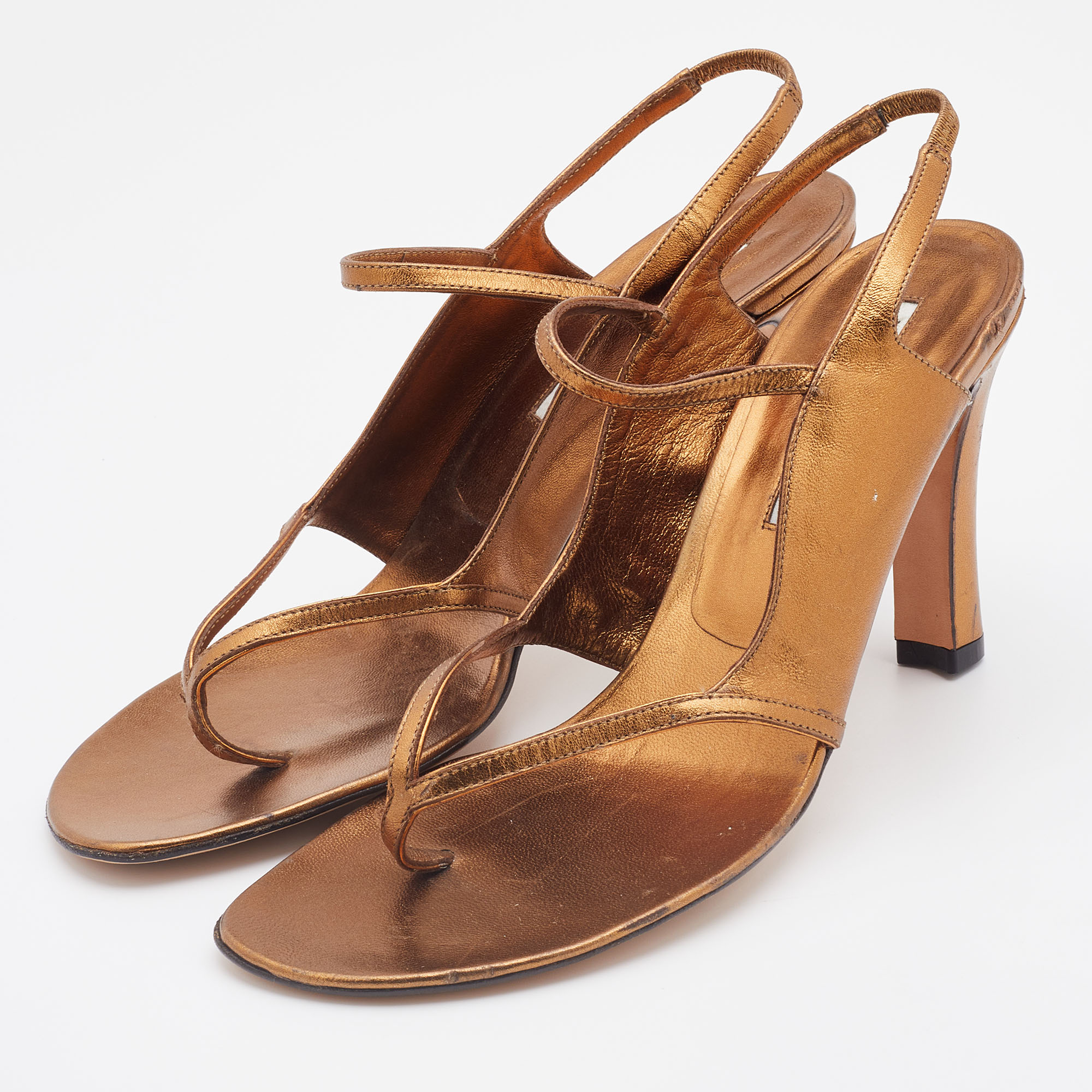 

Manolo Blahnik Metallic Bronze Leather Thong Slingback Sandals Size