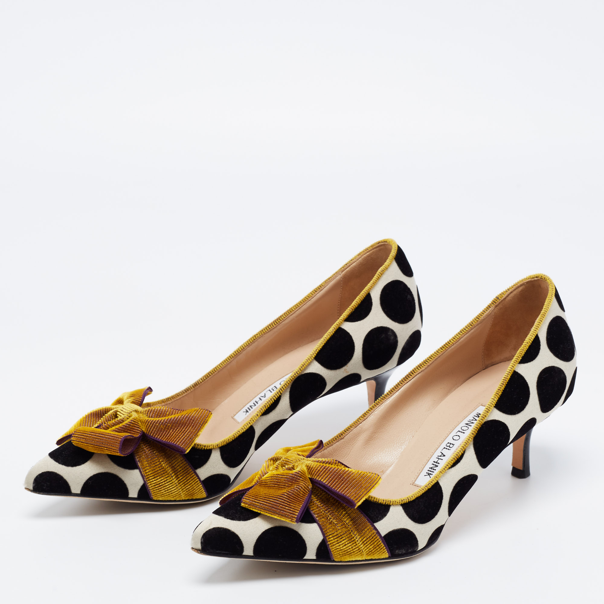 

Manolo Blahnik Tricolor Polka Dot Velvet Gorina Pumps Size, Black