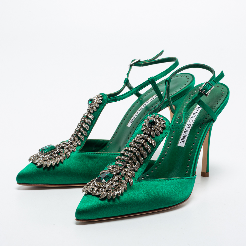 

Manolo Blahnik Green Satin Jamala 105 Ankle Strap Sandals Size